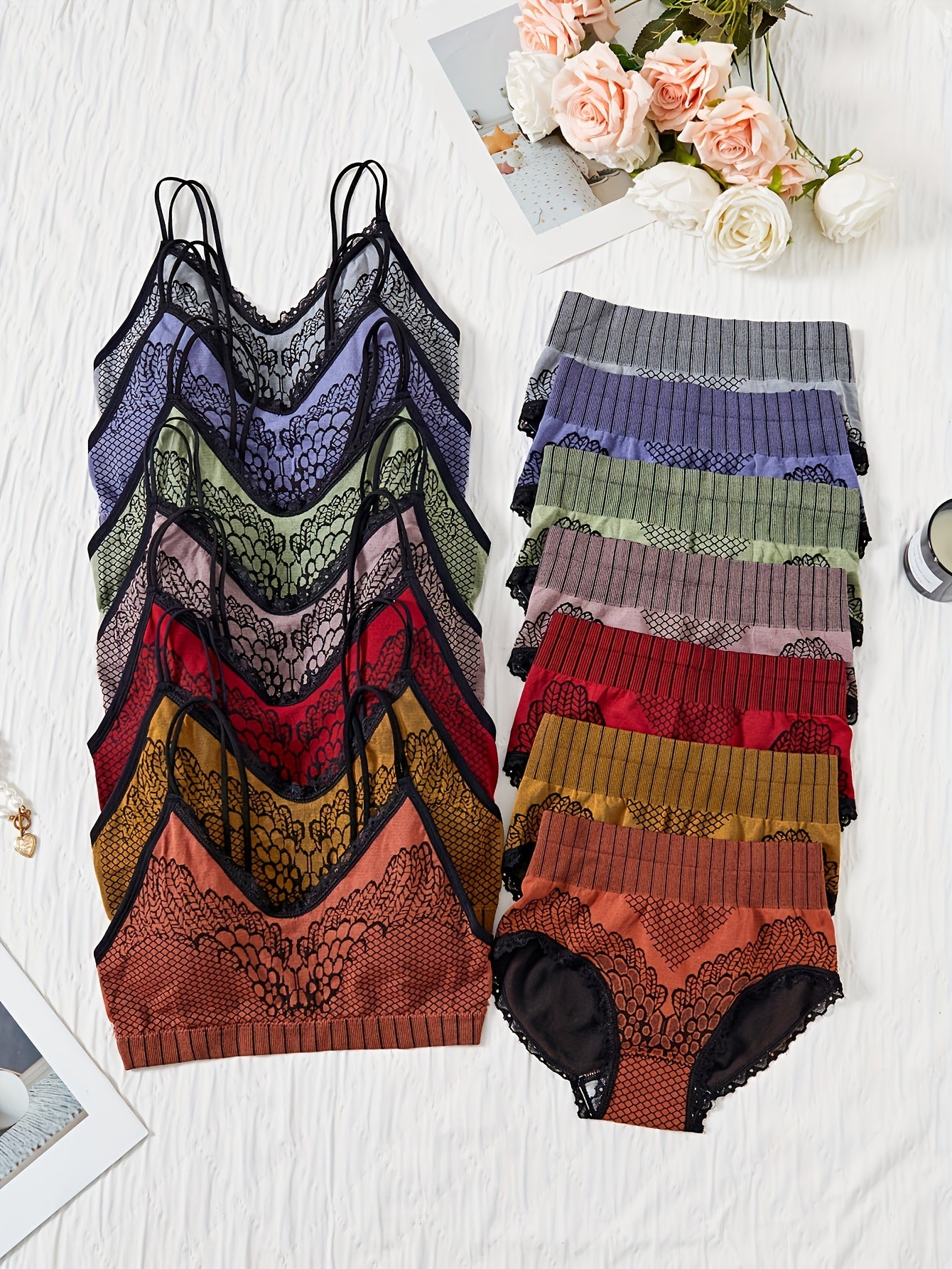 Women’s Baroque Style Lingerie Set with Removable Pads and Mid-Rise Briefs in 7 Color Pack