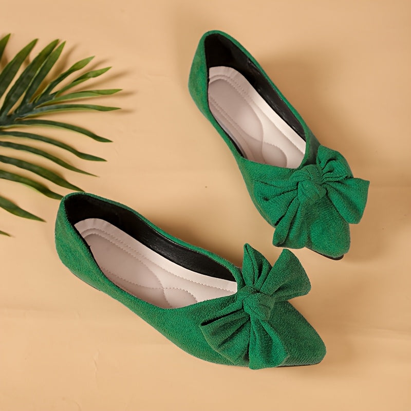 Women's Mary Jane Flats with Bow Detail - Pointed Toe Slip-On Comfortable Shoes