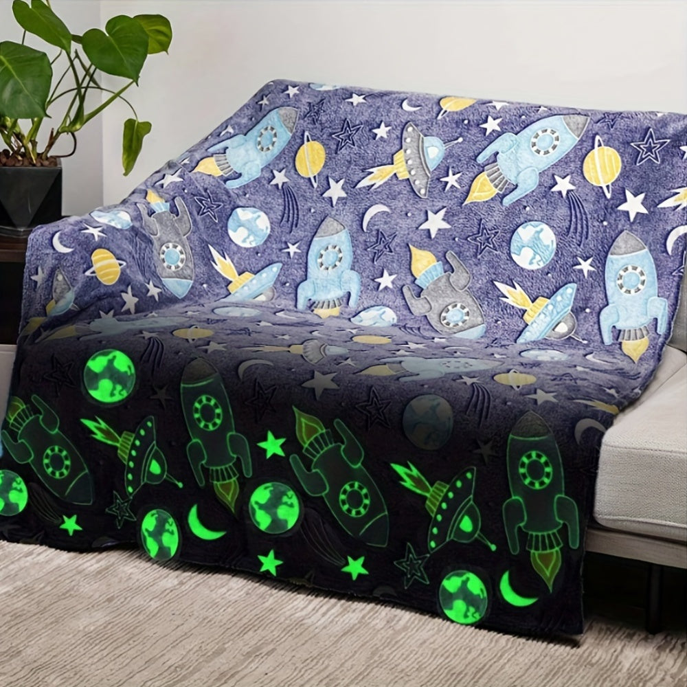 Contemporary Glow in the Dark Space Theme Throw Blanket Knitted Polyester Sofa Cover
