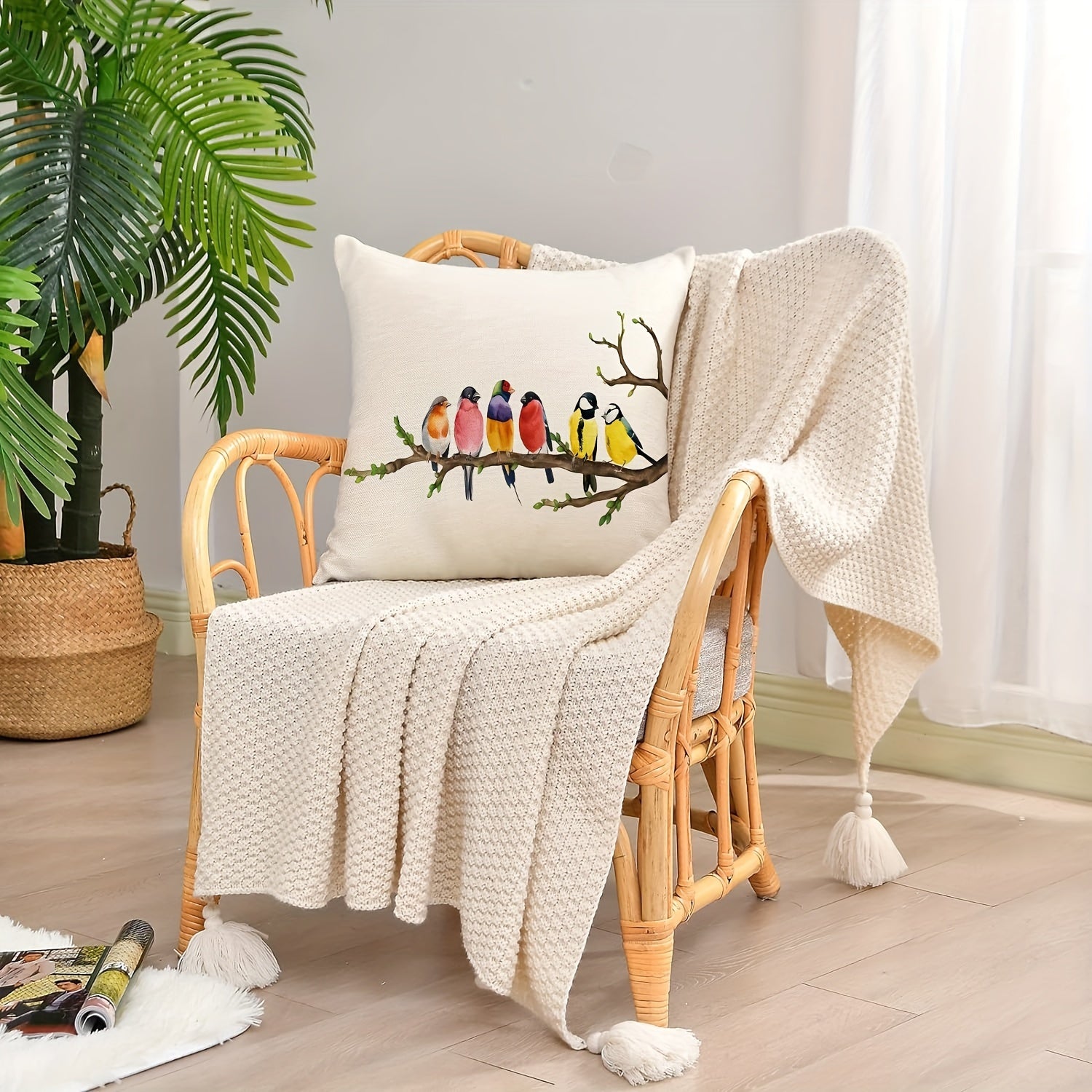 Bird and Floral Throw Pillow Cover 12x20 Inches Zippered Polyester Farmhouse Decor