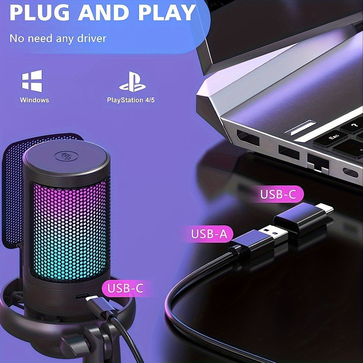 USB Microphone with RGB Lighting for PC PS4 Mac Phone for Streaming Podcasting