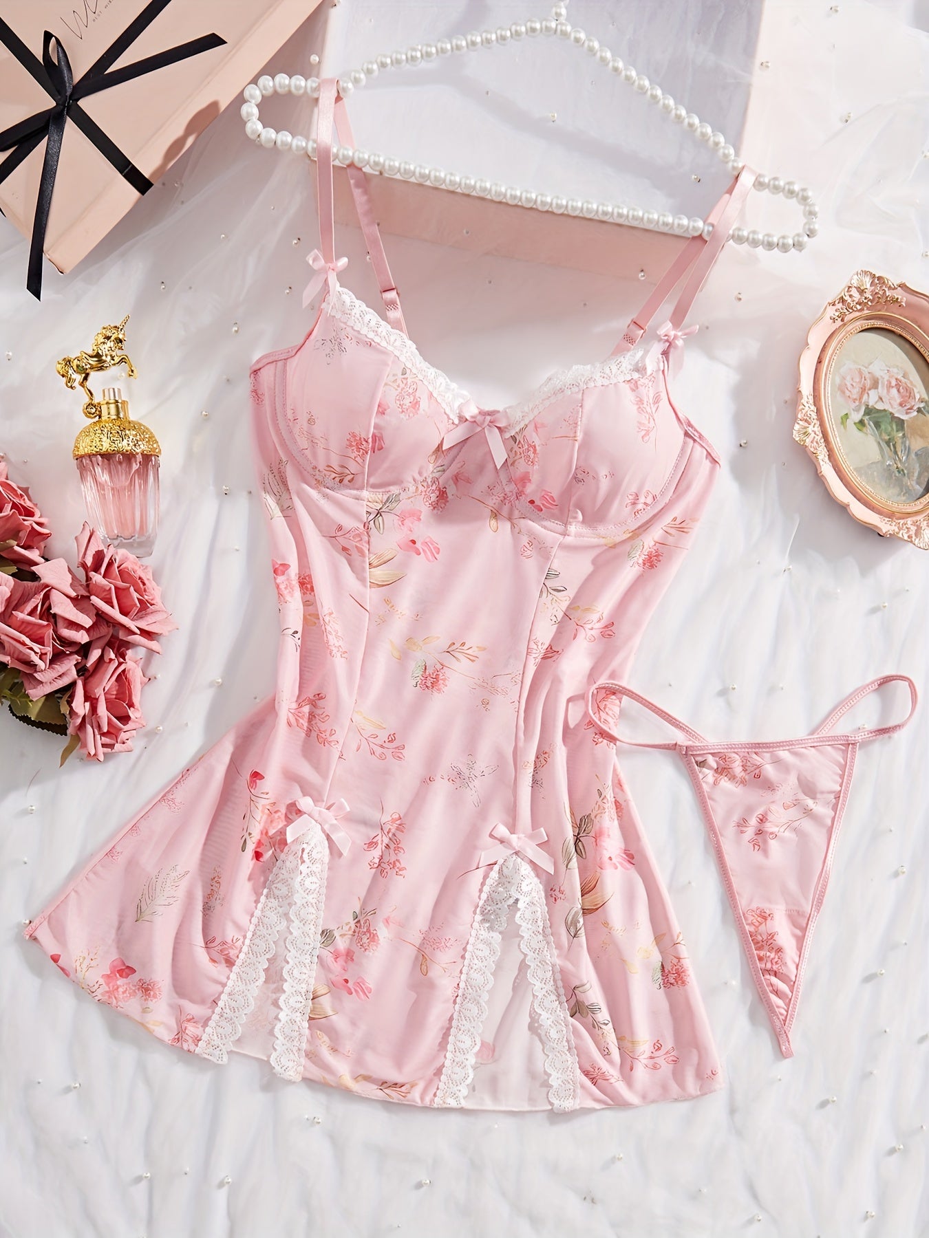 Кружевной бабидолл комплект нижнего белья с бантиком - полупрозрачная, эластичная ткань для женщин.