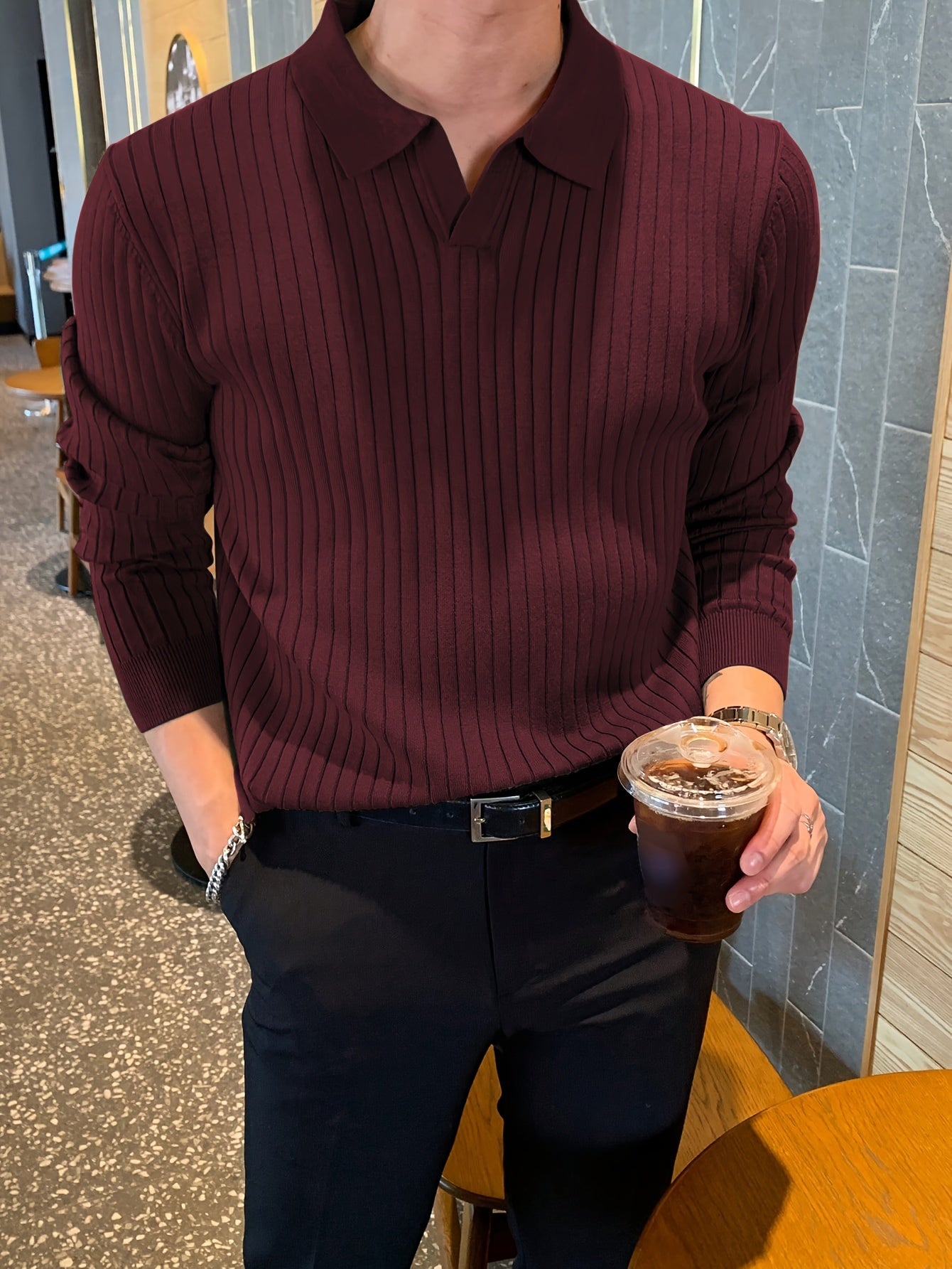 Men's V-Neck Sweater for Autumn and Winter Knit Fabric Solid Color Casual