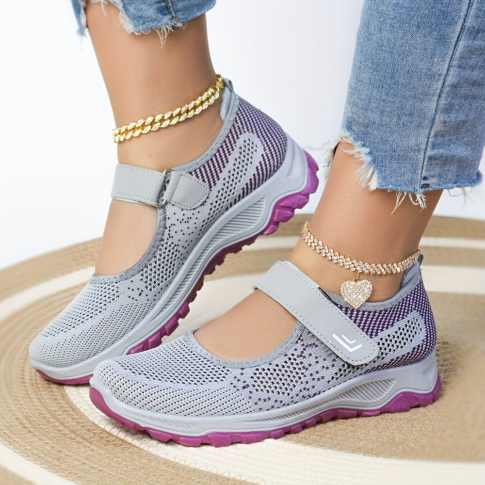 Women's Breathable Knit Sneakers Casual Low-Top Running Shoes with Hook-and-Loop