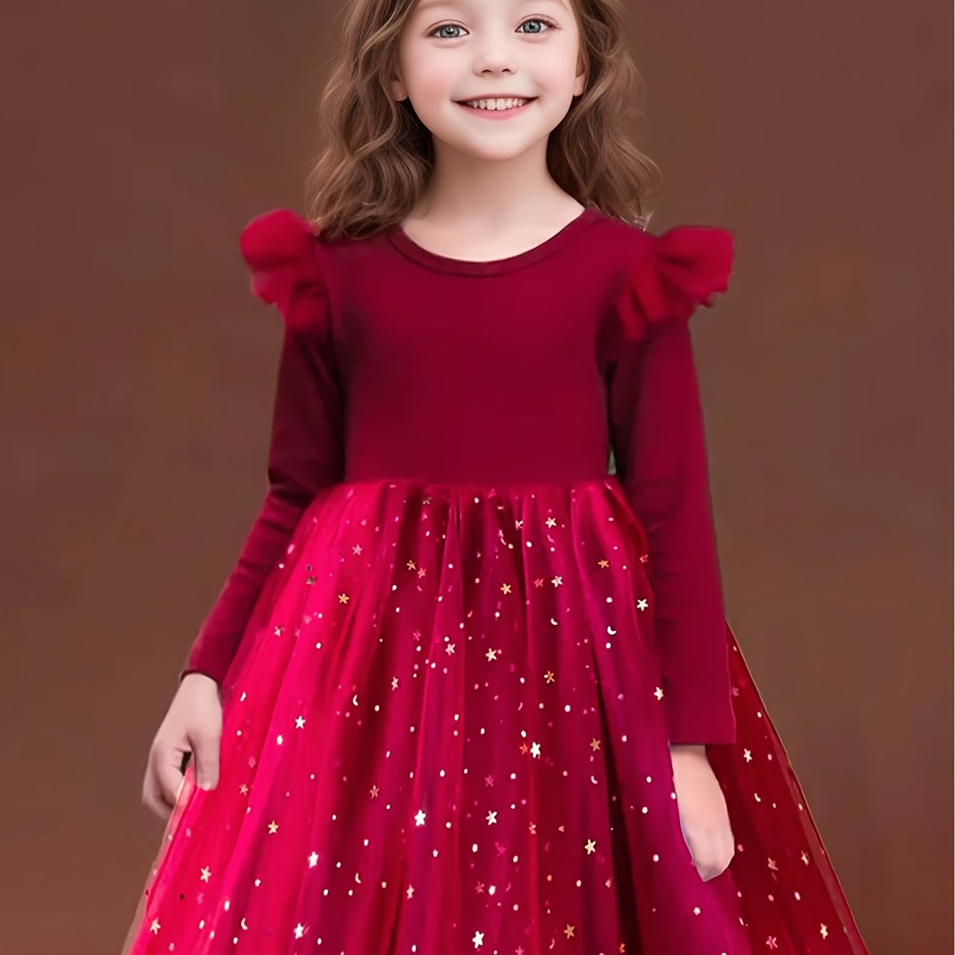 Girls Velvet Dress with Star and Moon Sequins Ruffled Edge and Pleated Mesh Overlay in Red