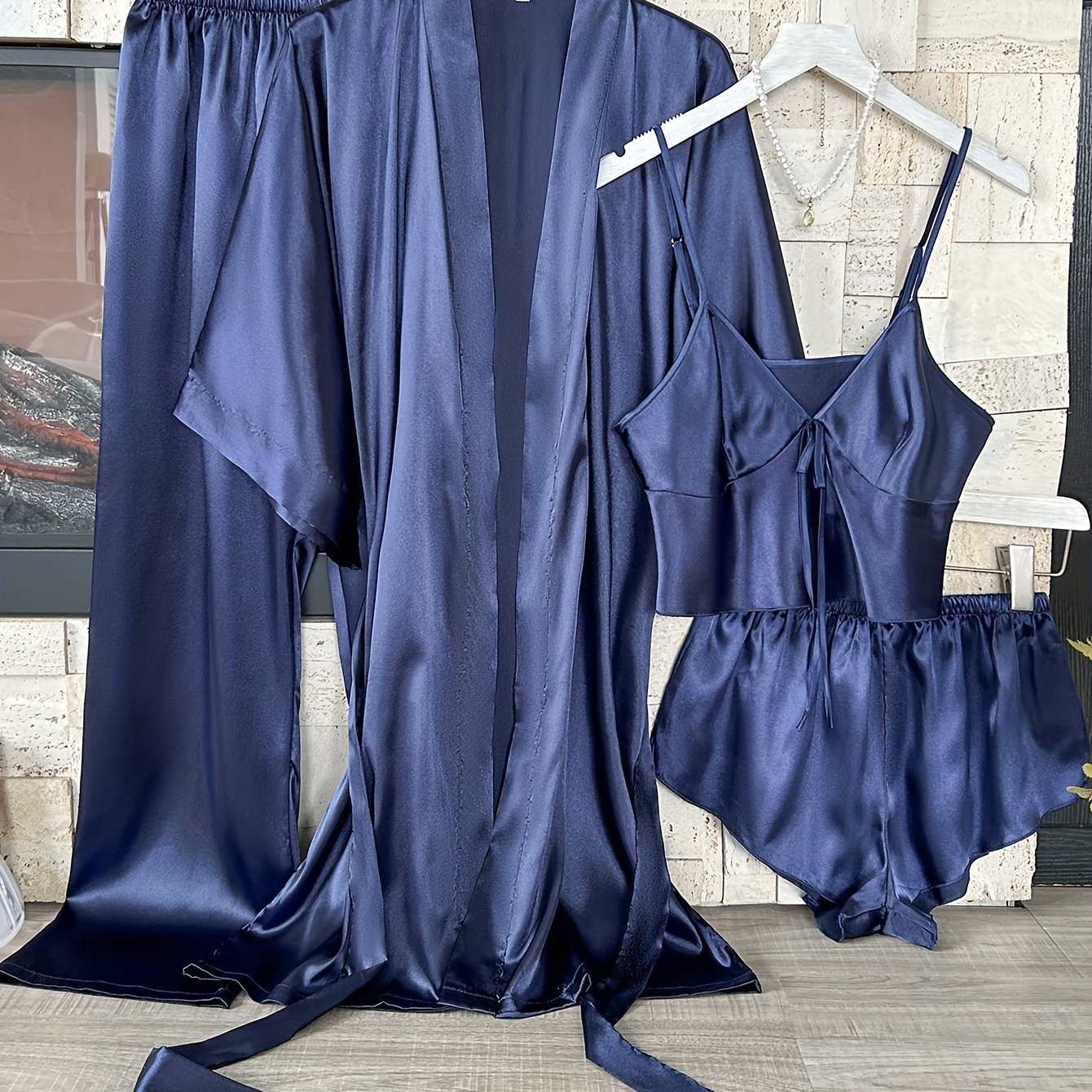 Women's Satin Pajama Set Includes V-Neck Robe with Sash Mini Bralette and Shorts Solid Color Polyester Fall Winter Sleepwear