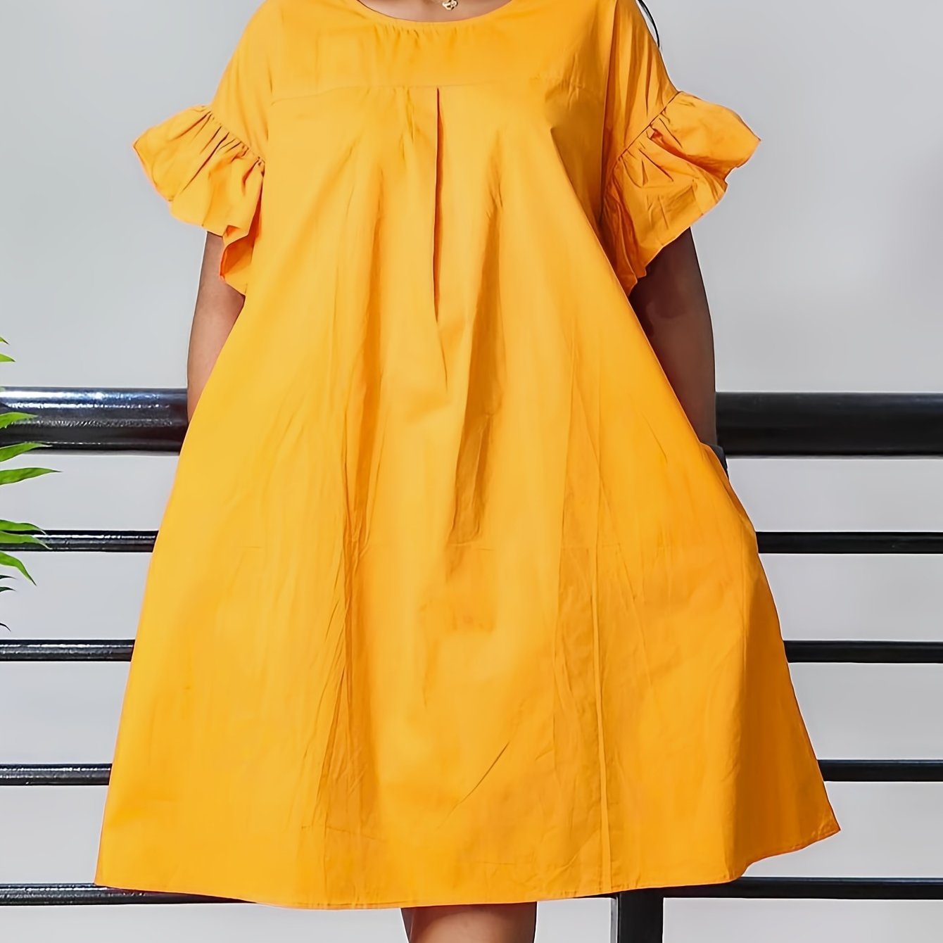 Plus Size Women's Ruffle Cuff Short Sleeve Dress for Spring Summer Polyester Elegant Fit and Flare