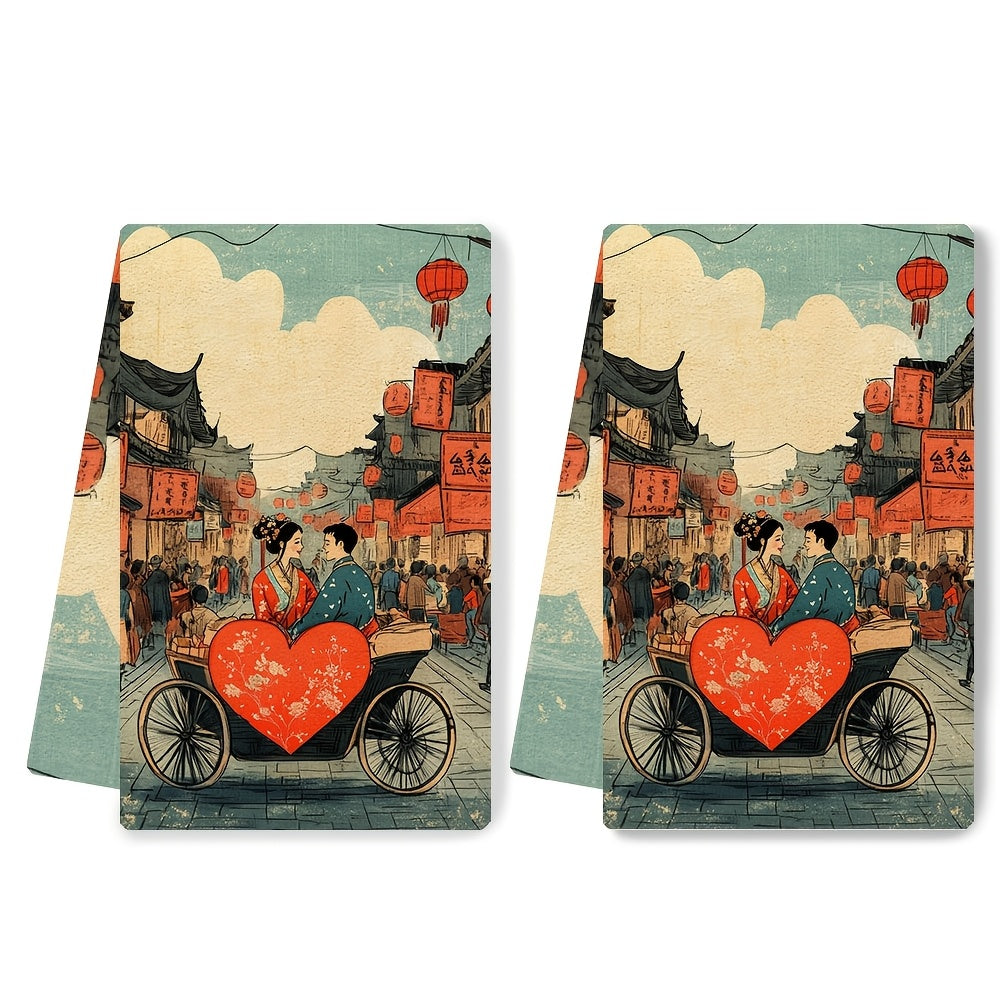 Luxuriously Soft Kitchen Towels with Traditional Chinese Couple Illustration, Highly Absorbent