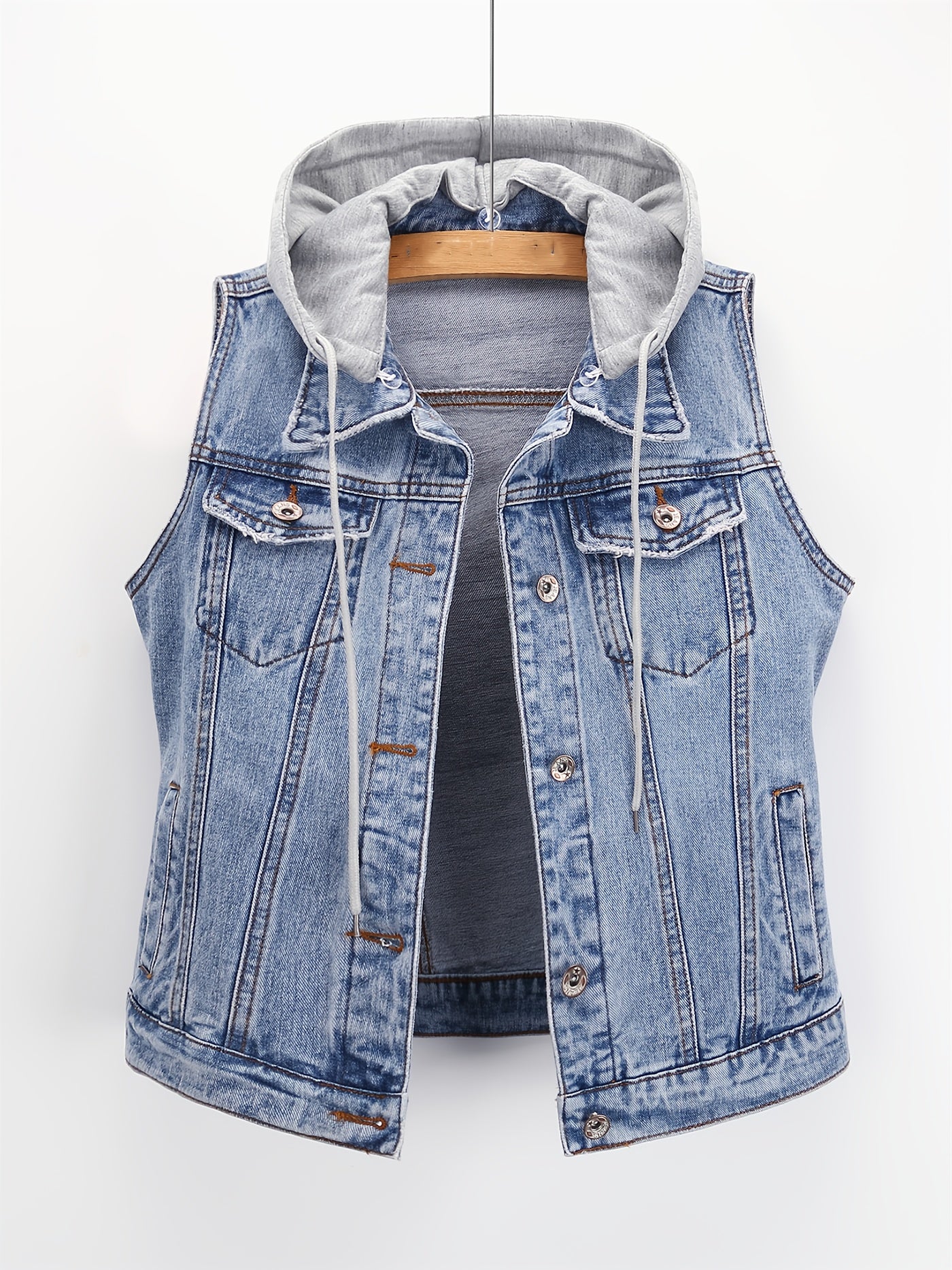 Ayollar uchun bo'yinbog'li, ajraladigan kapushonli denim kurtka, ko'k, kundalik tashqi kiyim