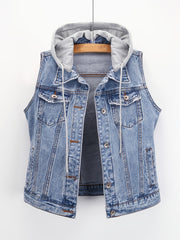Женская безрукавная джинсовая куртка с отстегивающимся капюшоном, голубая, повседневная верхняя одежда