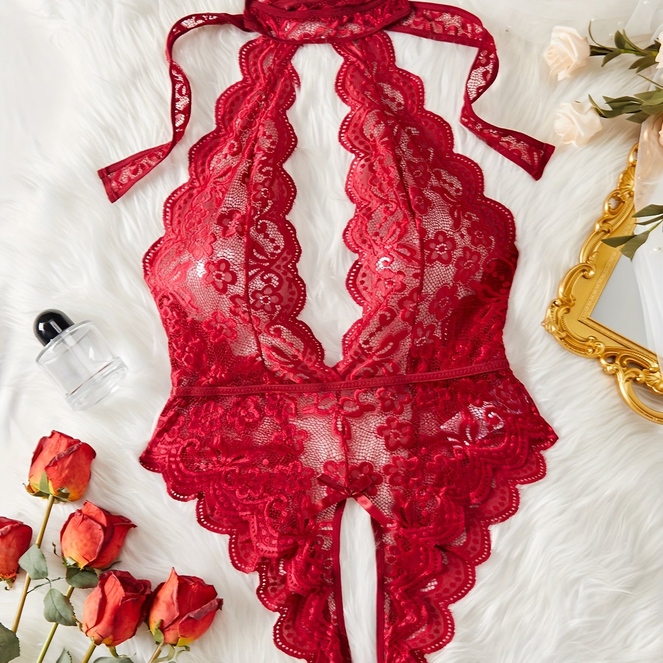 Women's Lingerie Lacy Halter Teddy Backless Bodysuit Sexy Nightwear