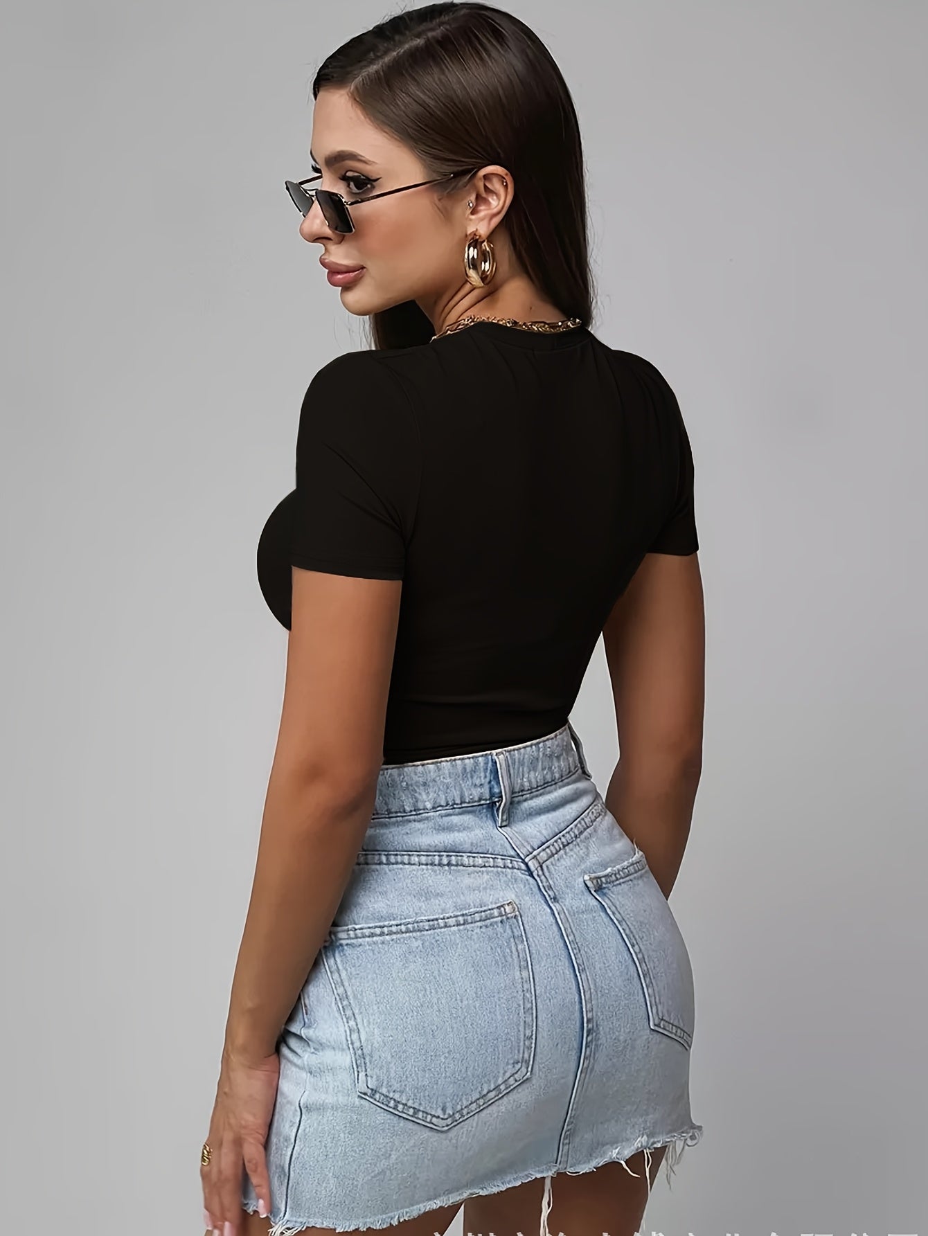 Women's Light Gray Slim Fit T-Shirt with Round Neck Short Sleeves Polyester Spandex for Running Casual