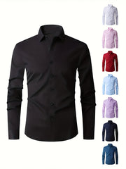 Vaqt o‘tkazmaydigan, nafis, plussiz erkaklar uchun uzun qo‘lqopli ko‘ylak, bir rangda, polyester aralashmasidan tayyorlangan, ofis va norasmiy kiyimlar uchun mos.