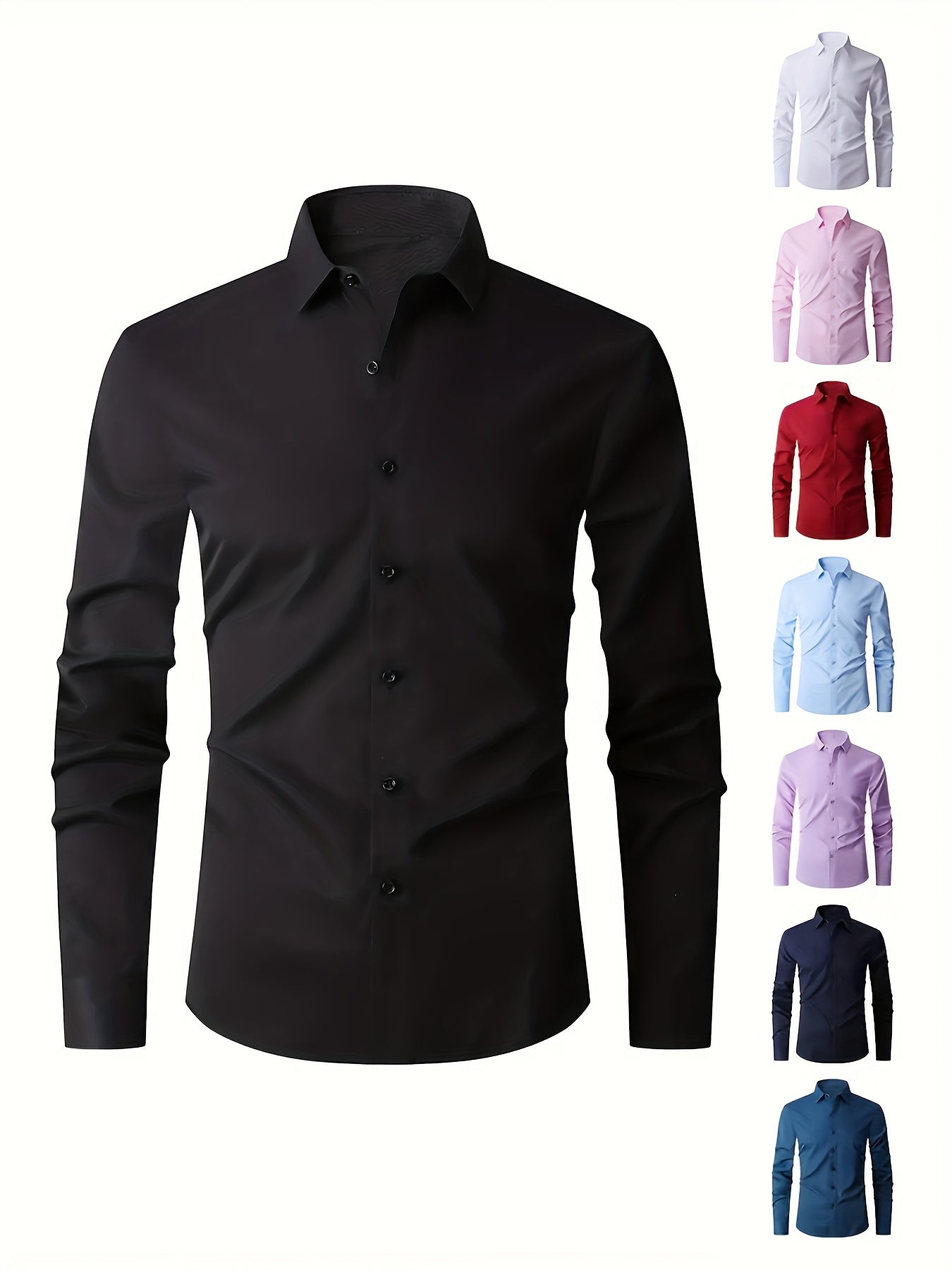 Vaqt o‘tkazmaydigan, nafis, plussiz erkaklar uchun uzun qo‘lqopli ko‘ylak, bir rangda, polyester aralashmasidan tayyorlangan, ofis va norasmiy kiyimlar uchun mos.