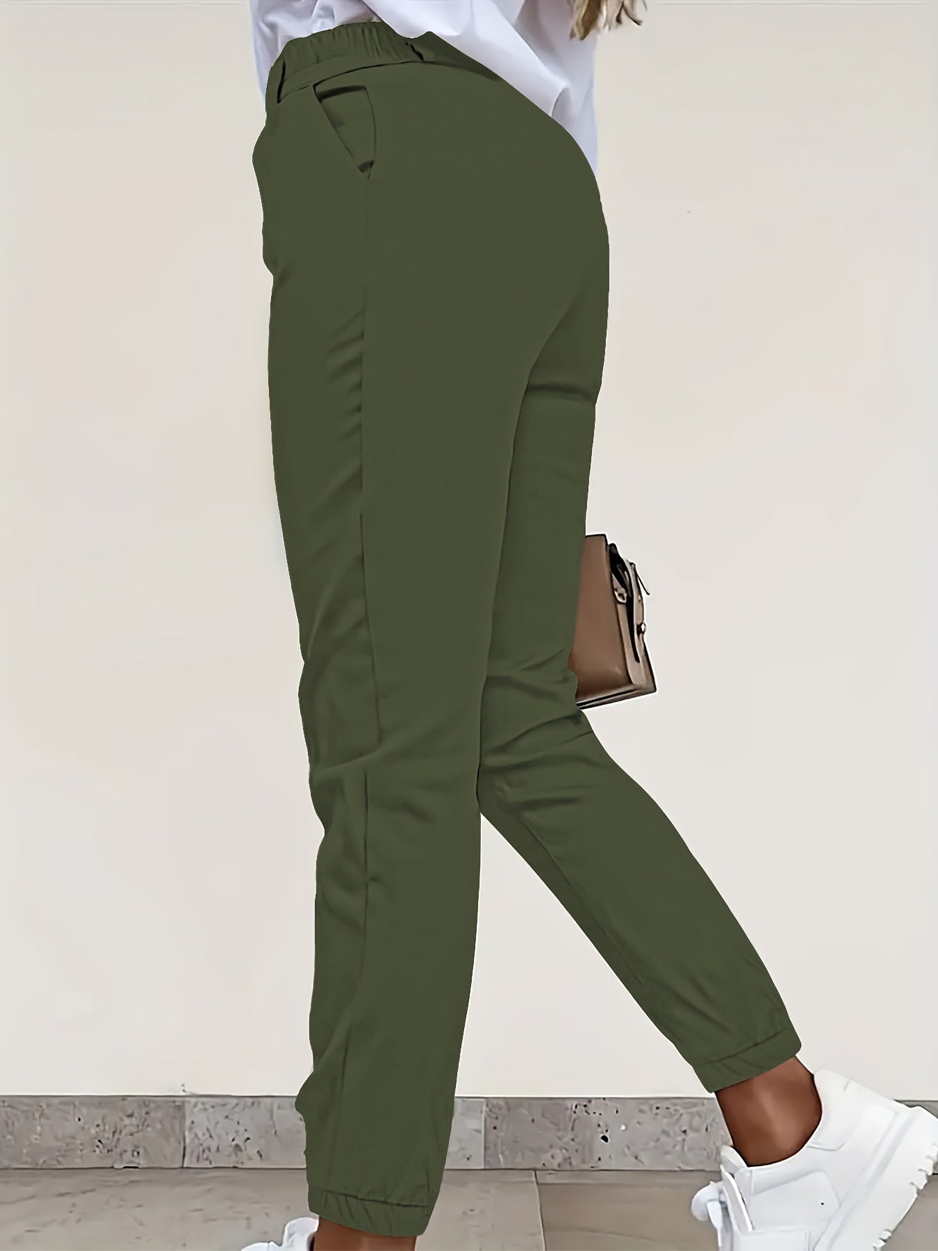 Women's High-Waist Black Slim-Fit Polyester Pants with Pockets for Work and Casual Wear