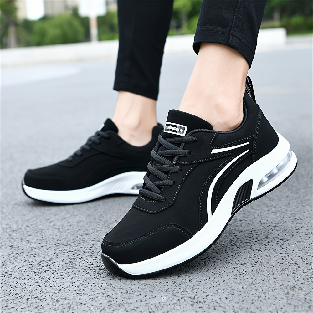 Women's Black Synthetic Leather Casual Sneakers with Air Cushion Support for All Seasons
