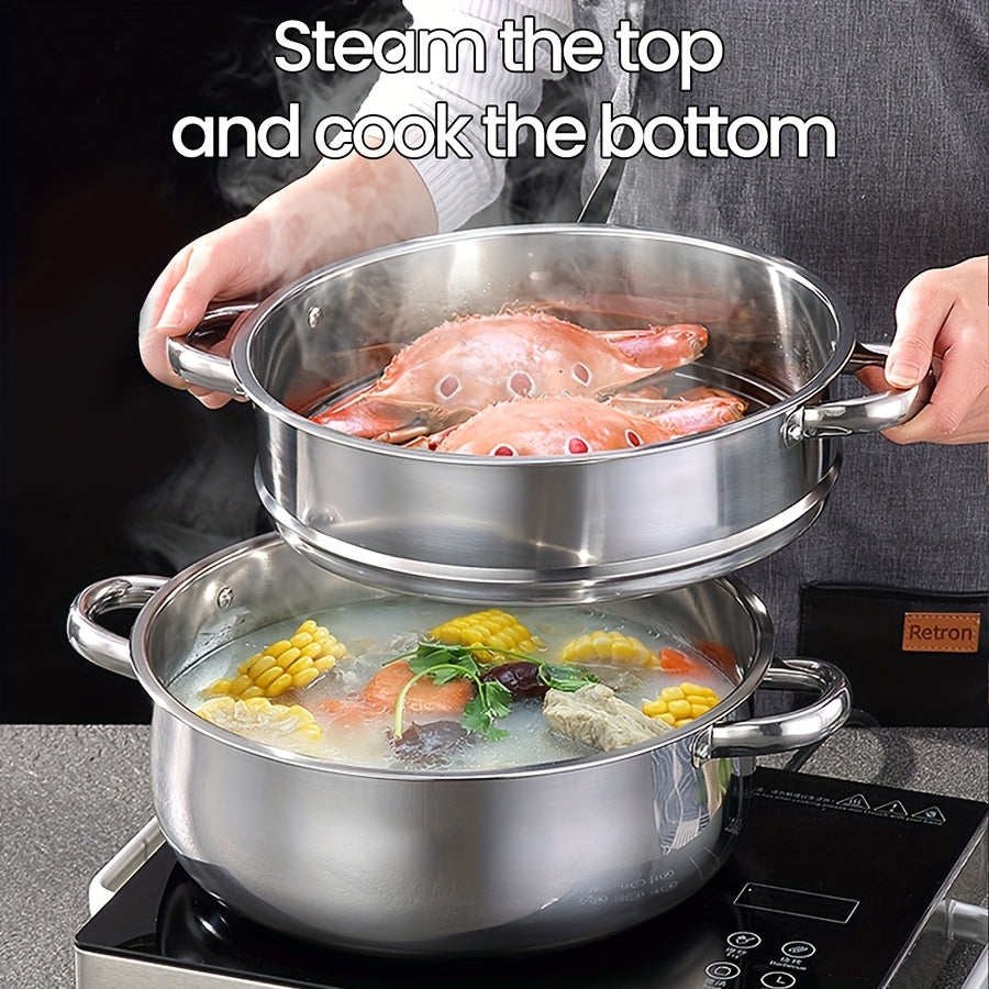 Stainless Steel Steamer Set 4 Pieces with Large Capacity 2 Tiers Soup Pot Lid