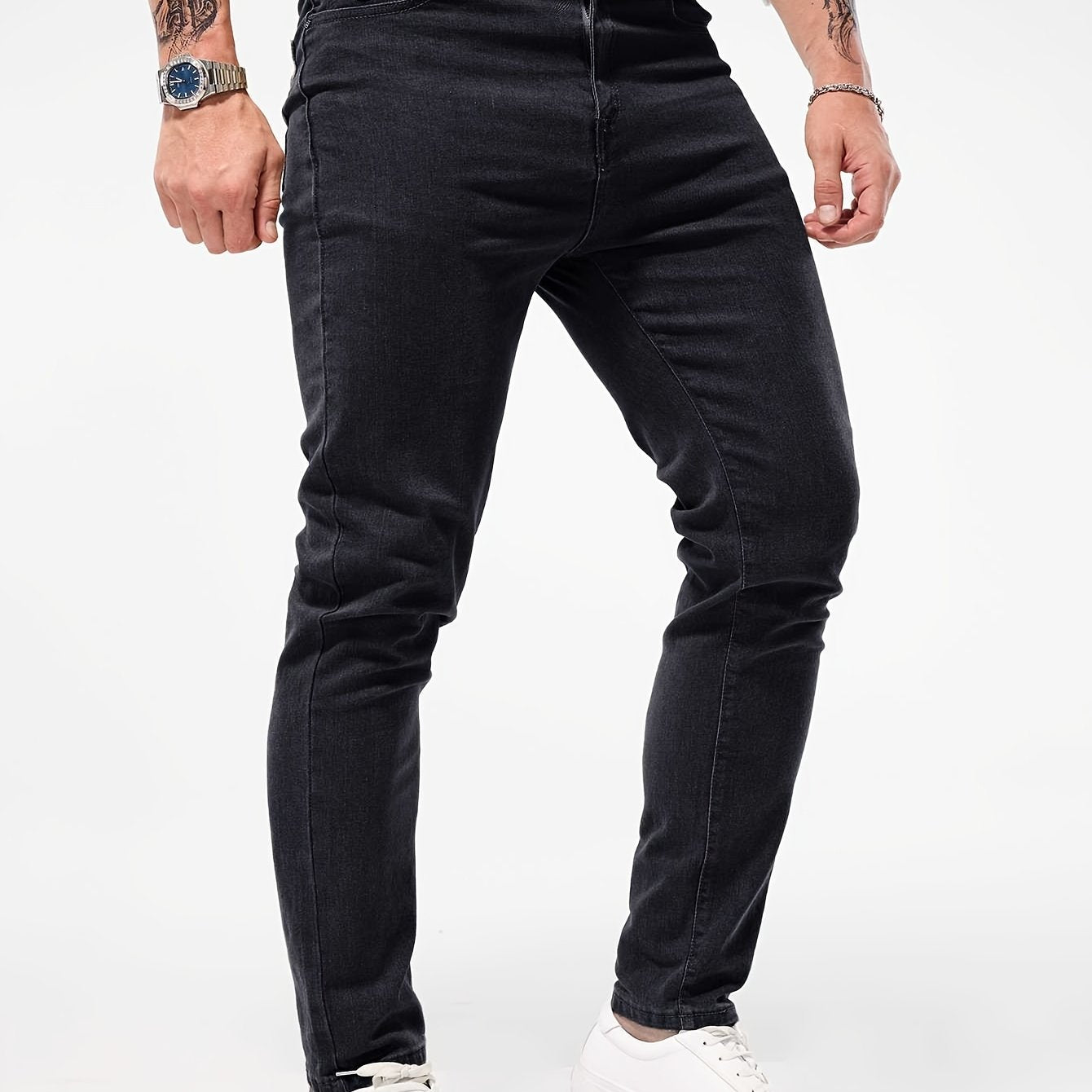 Jeans de corte recto ajustado para hombre, tela vaquera elástica, color sólido, cierre con botones, casual para todas las estaciones