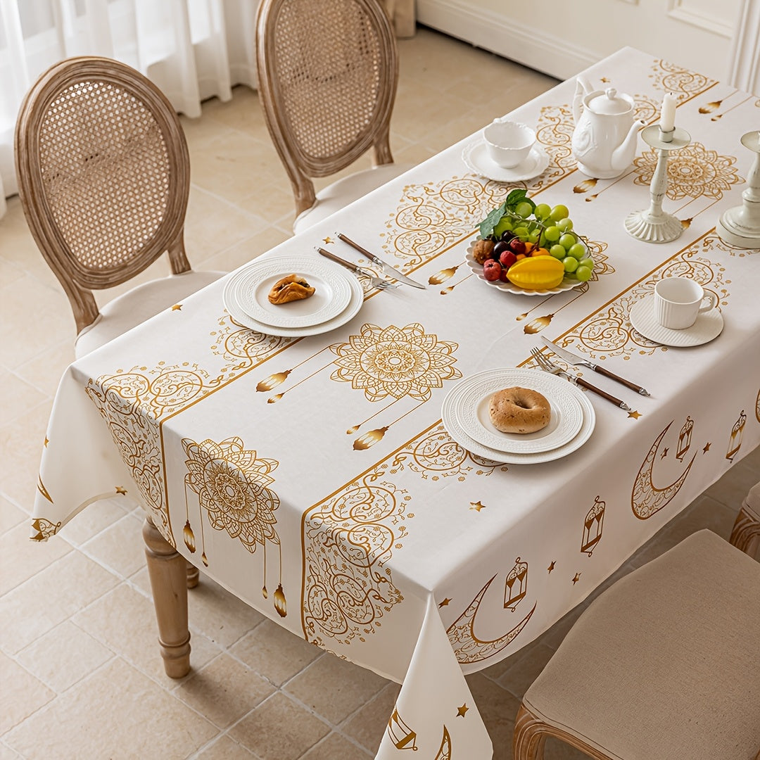 Bohemian Geometric Ramadan Eid Al-Fitr Tablecloth with Golden Moon and Star Design 100% Polyester