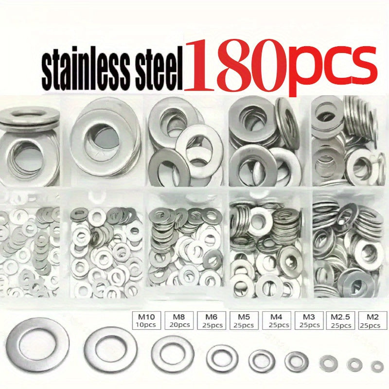180-Piece Stainless Steel Flat Washer Set M2-M10 for Screws Bolts and Repairs