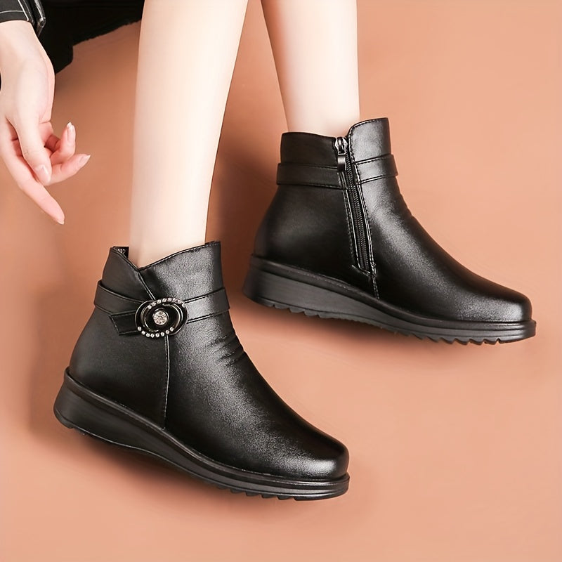 Mid-Aged Women's Fleece-Lined Short Ankle Boots Winter Warmth