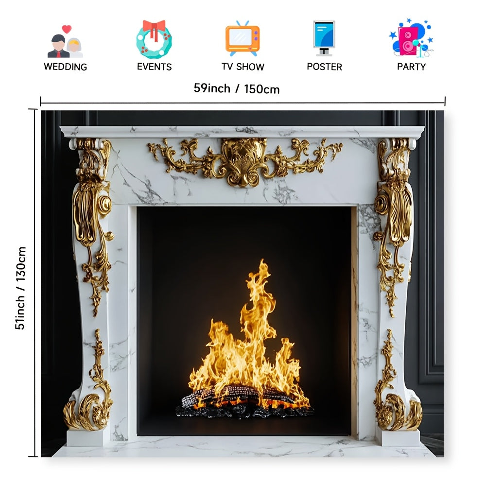 Chimenea de mármol blanco con detalles barrocos dorados para sesiones de fotos y decoración