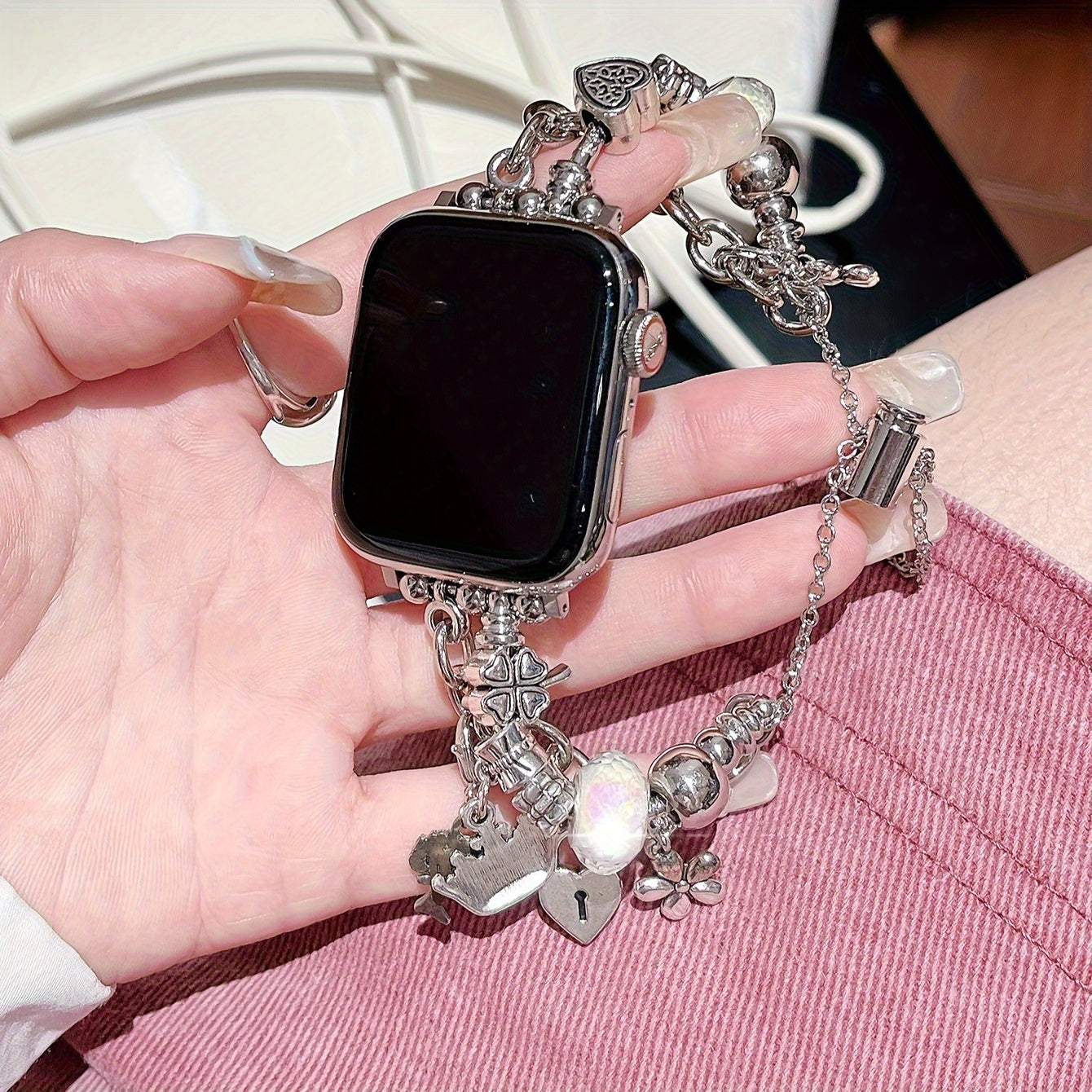 Smartwatch Band for Apple Watch Series 1-9 SE Ultra Copper Pink Beads Floral Water-Resistant Outdoor