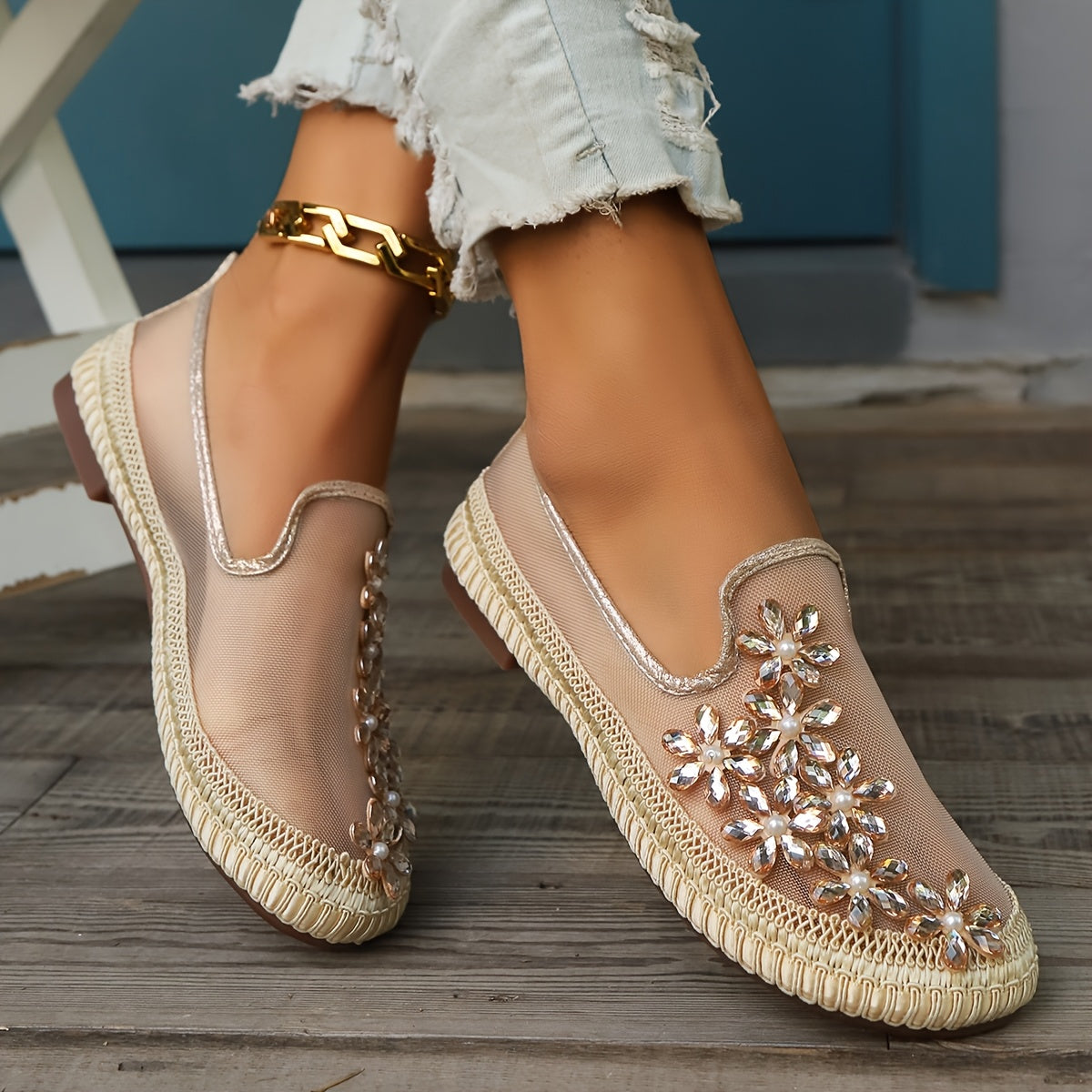 Women’s Mesh Flat Sandals with Rhinestone Flower Design Summer Casual Shoes