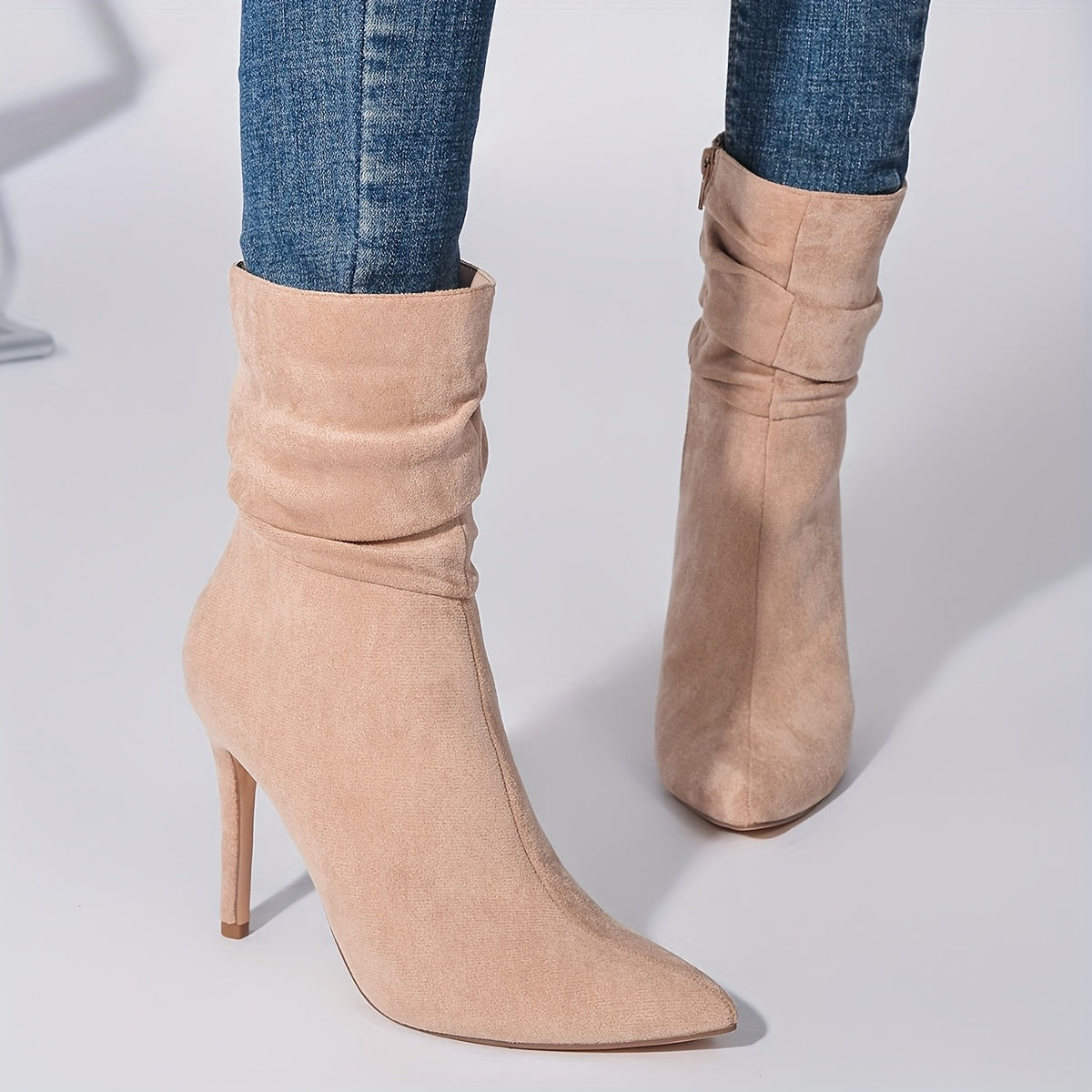 Women's Pink Velvet Pointed Toe Stiletto Ankle Boots with Zipper