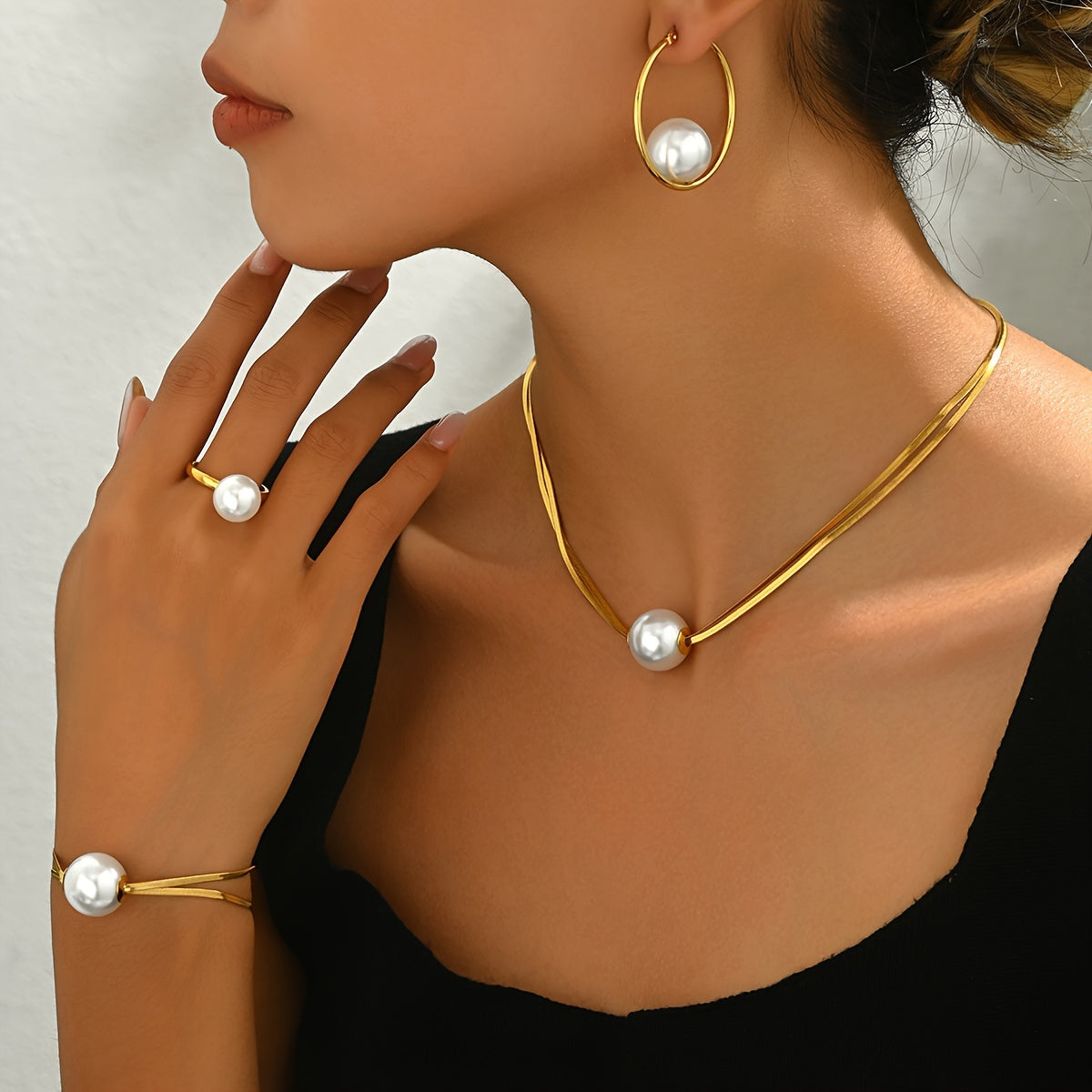Women's Gold Plated Jewelry Set with Faux Pearl Accents Necklace Earrings Ring Bracelet Minimalist Vintage