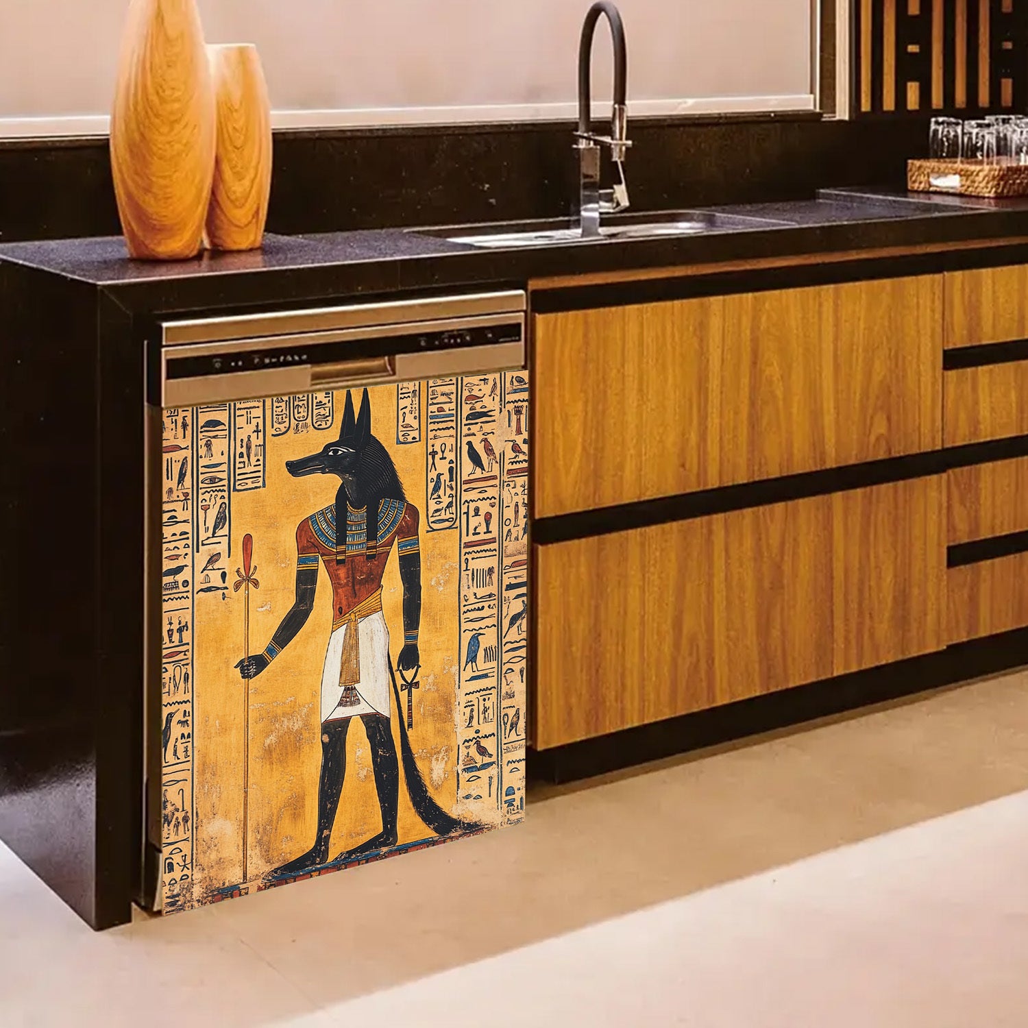 1 Ану́бис — египетский бог, магнит на стену, сделанный из водонепроницаемой и термостойкой панели из ПВХ с металлическим покрытием. Отличается иероглифическим дизайном и декоративным магнитным стикером для украшения кухни.