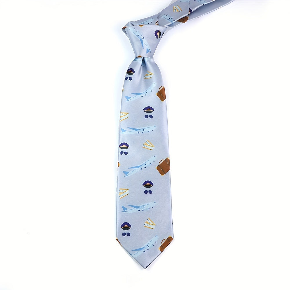 Silk-Like Printed Tie with Airplanes Planets Symbols Musical Notes Footballs for School Work Party