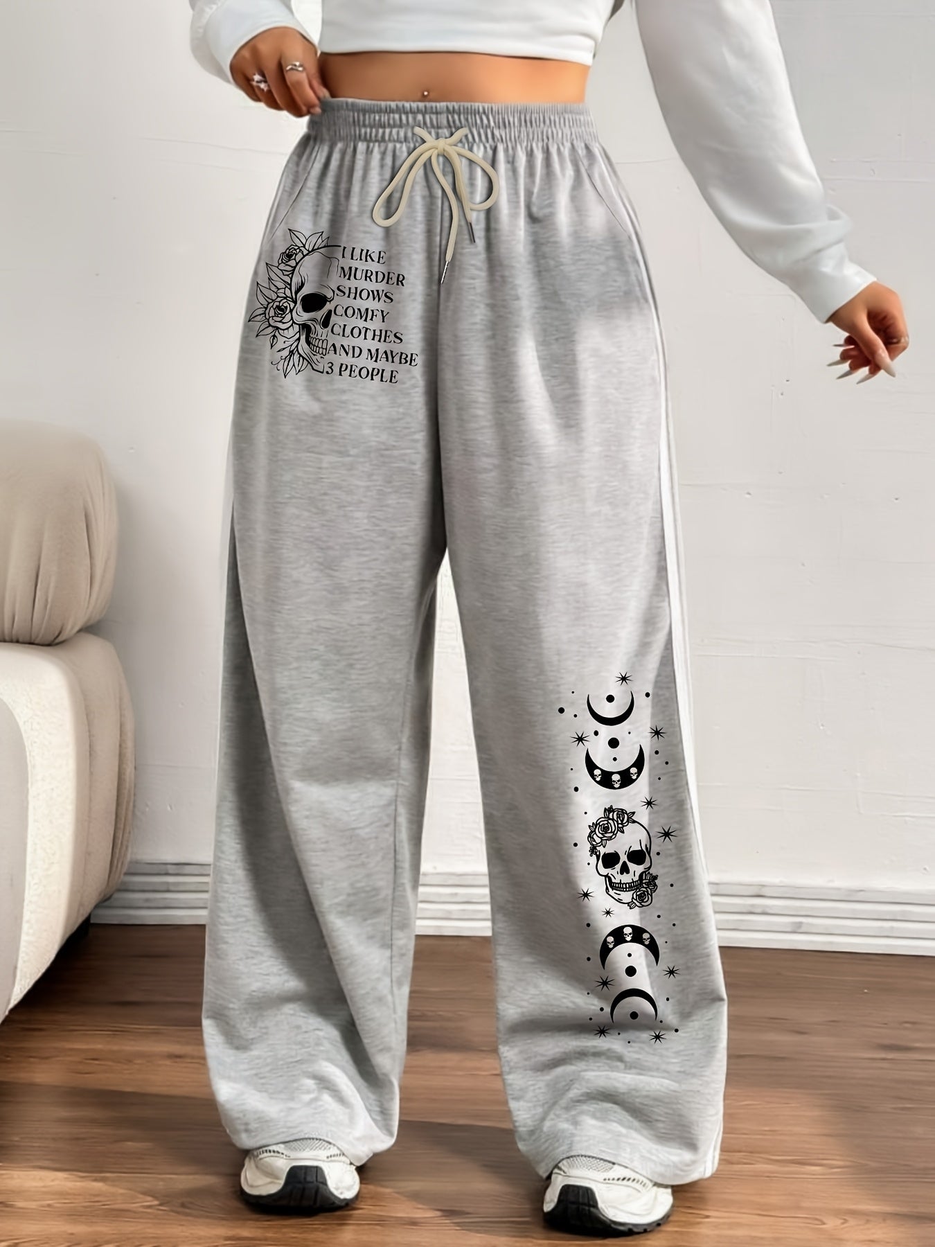 Plus Size Women's Light Grey Geometric Print Jogger Pants Lounge Casual Summer