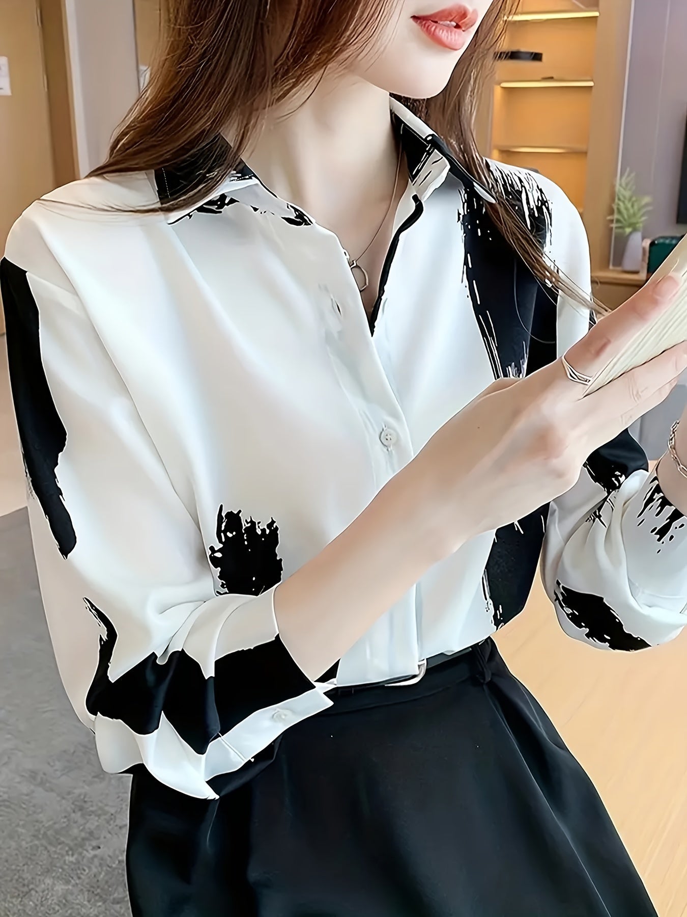 Women's Spring and Autumn Casual Shirt with Brush Print and Turnover Collar