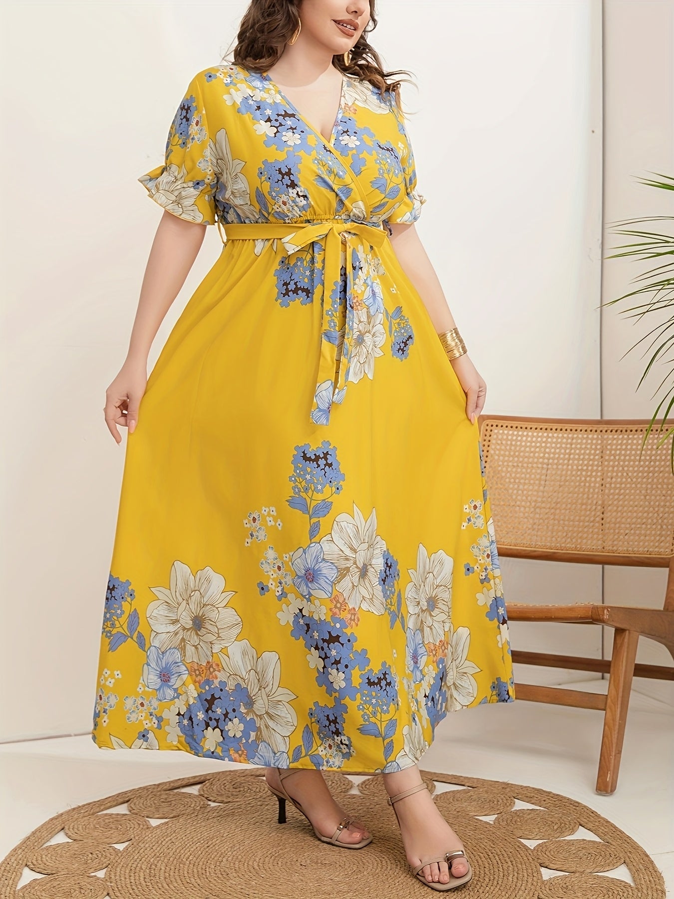 Women's Plus Size V-Neck Tunic Dress Polyester All-Season Striped Belt