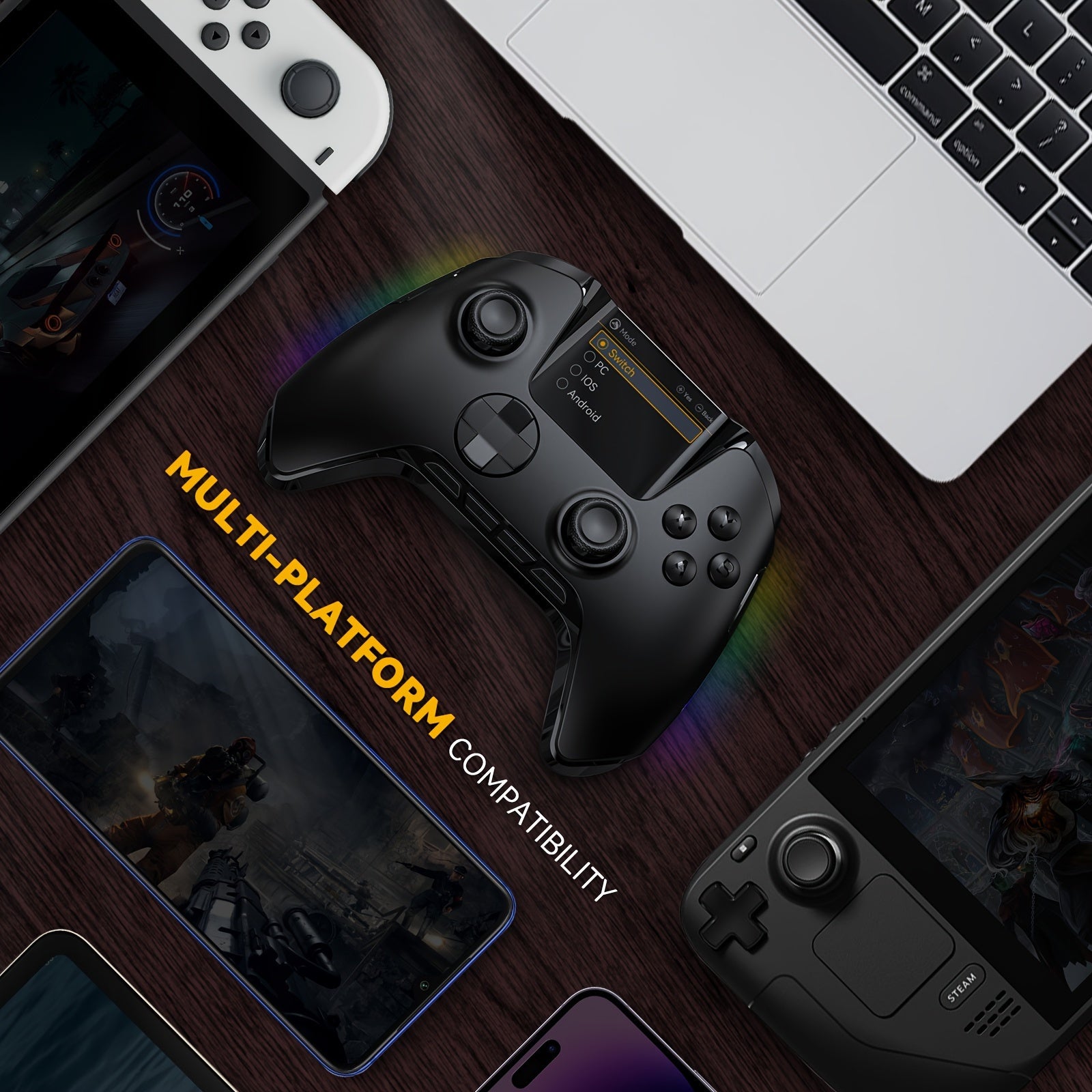 Wireless Gaming Controller with RGB Lighting No-Drift Hall Effect Triggers Remappable Buttons 1800mAh Battery Charging Dock Compatible with PC Switch iOS Android Steam