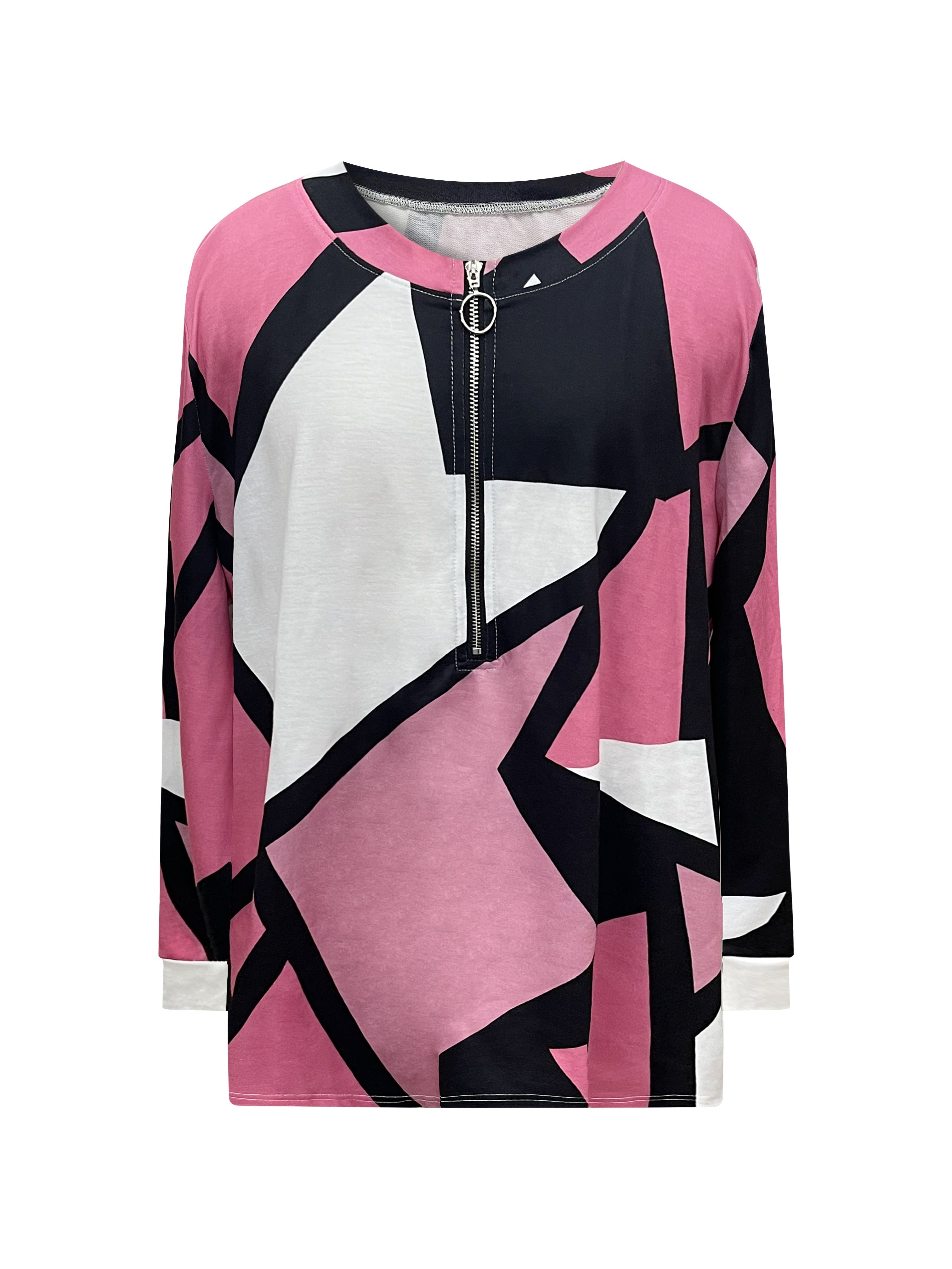 Plus Size Women's Colorblock Geometric Print Zipper Sweatshirt