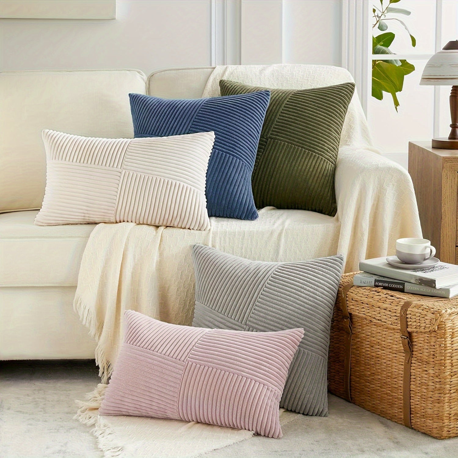 Bohemian Style Corduroy Throw Pillow Covers 2-Pack 45.72x45.72 cm Zippered Polyester Square Cushion Cases for Sofa Bed