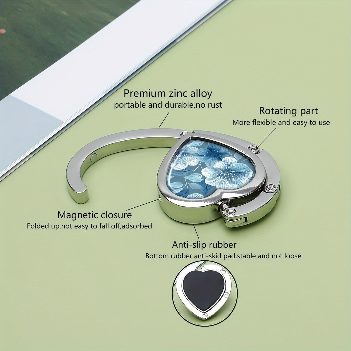 Percha para bolso de aleación de zinc con forma de corazón estilo bohemio, plegable, para mesa, gancho para bolso