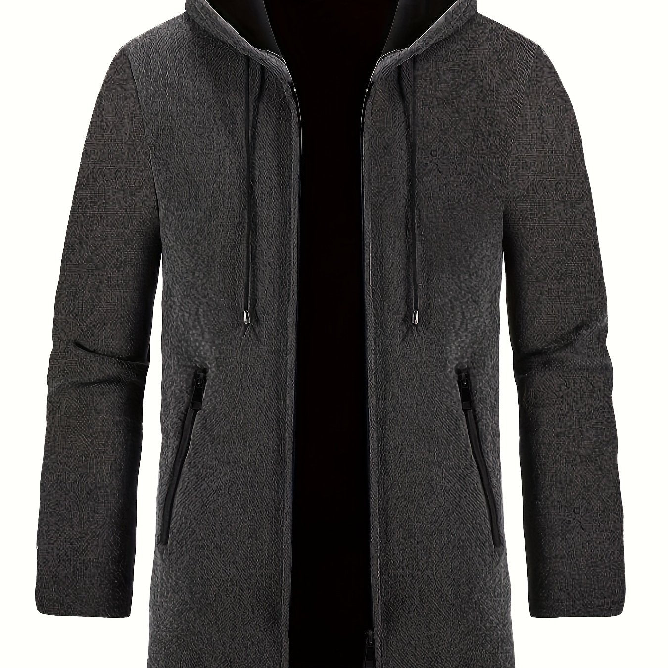 Erkaklar uchun sarg'ish kulrang polyester trench palto, tortish qismi, bosh kiyim, metall fermuar tafsiloti va cho'ntaklar bilan, kuz/qish uchun mukammal, katta o'lchamda.