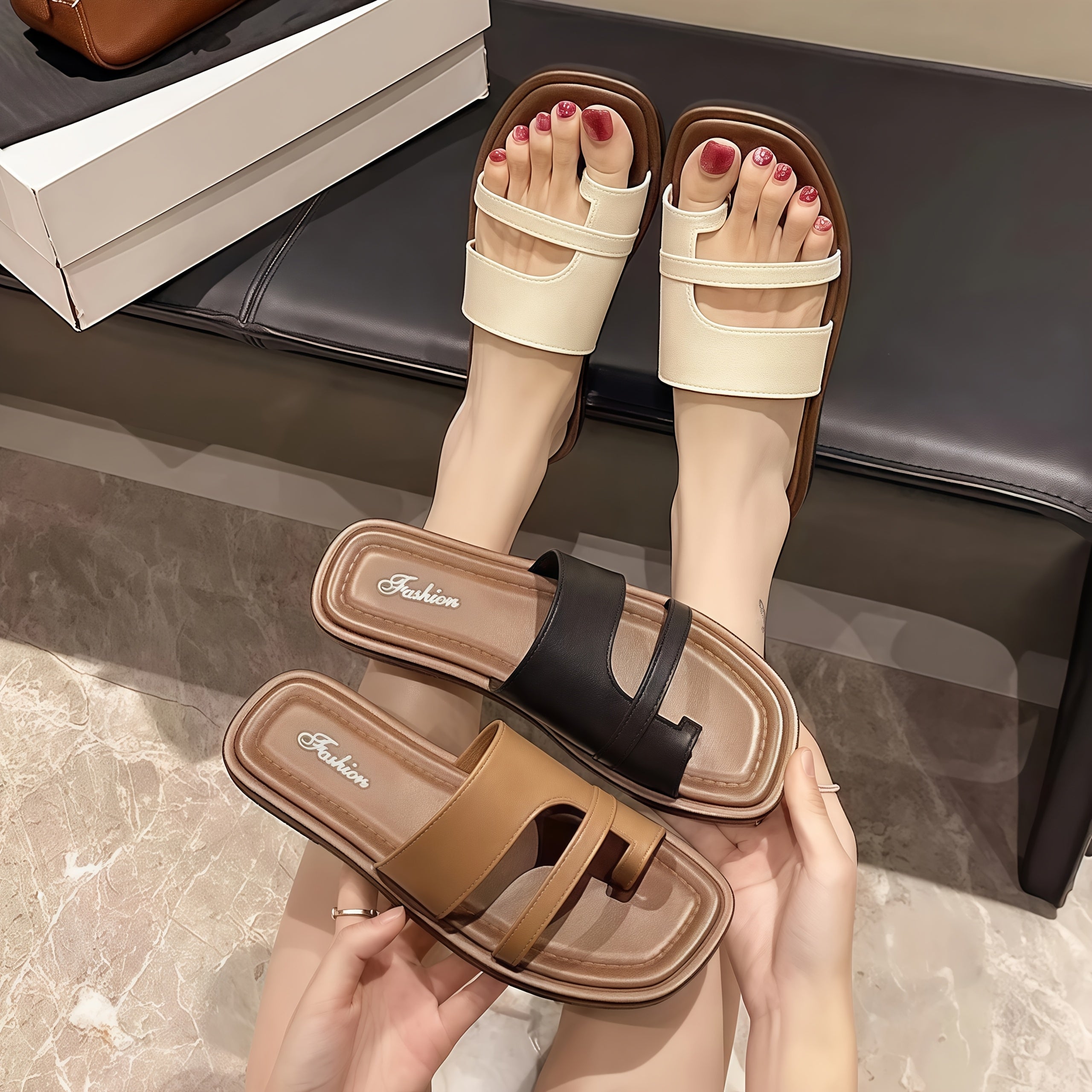 Women's Flat Sandals Open Toe Summer Slides Brown TPU Casual Beach