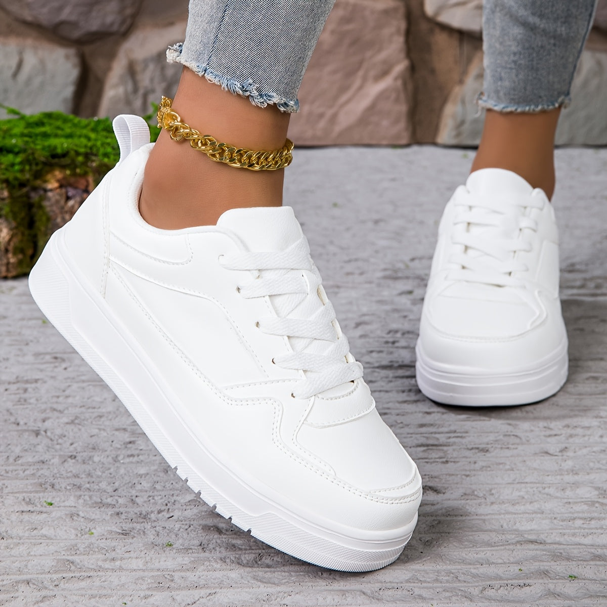 Women's Fashion Sneakers White Low-Top Lace-Up Casual Shoes