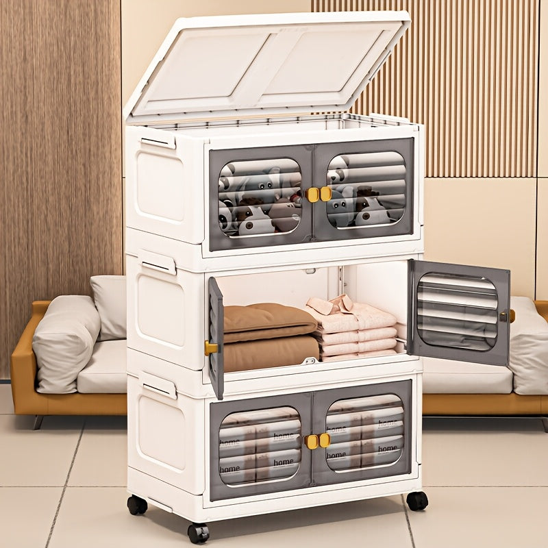 3 qavatli, suv o'tkazmaydigan, yig'ilishi shart bo'lmagan, egiluvchan plastik saqlash shkafi. Oq rangda, oltin aksentlar bilan, yotoqxona va uy tartibi uchun ideal.