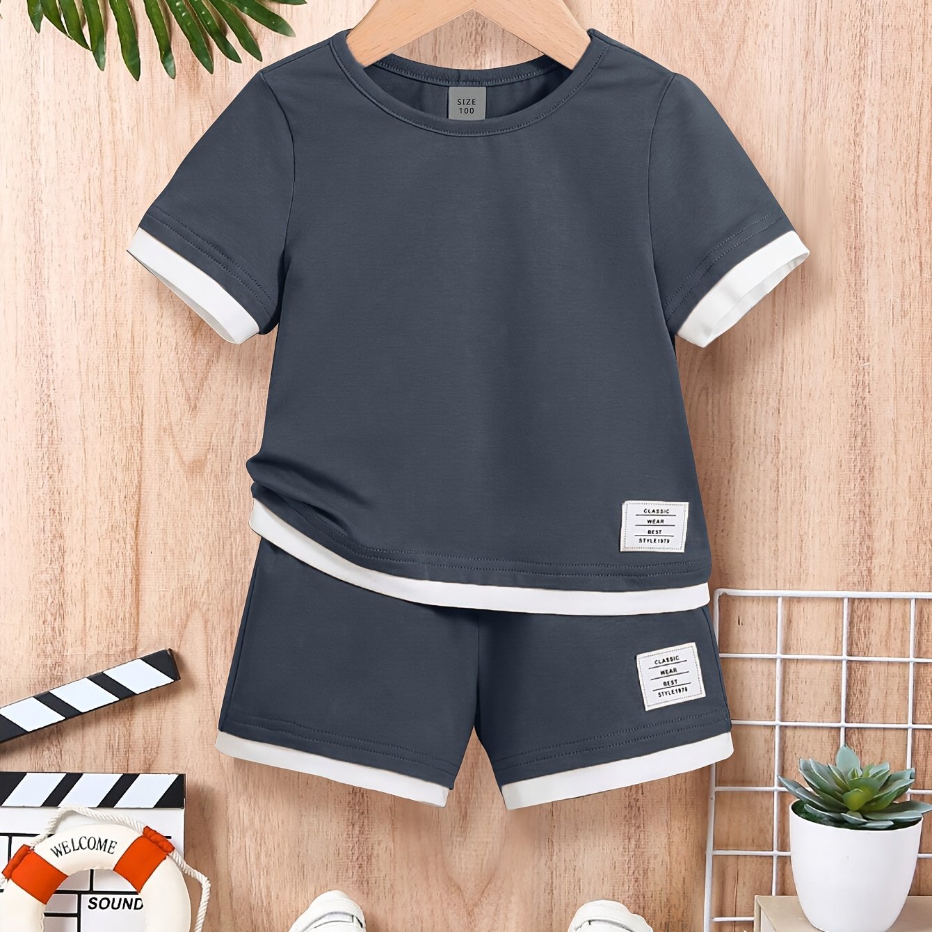 Erkaklar va bolalar uchun jigarrang shortlar to'plami, paxta-polyester, yozgi kundalik kiyim