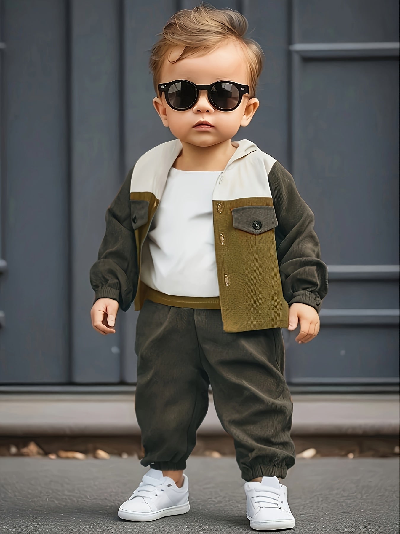 Boys' Woven Polyester Two-Piece Suit Hooded Jacket and Trousers for Spring and Fall