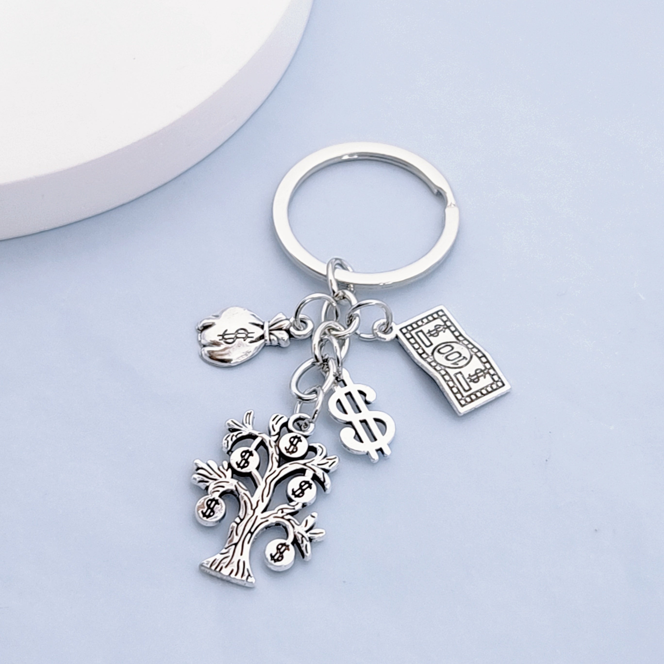 Vintage Zinc Alloy White Money Tree Keychain with USD Logo Wallet Bag Jewelry