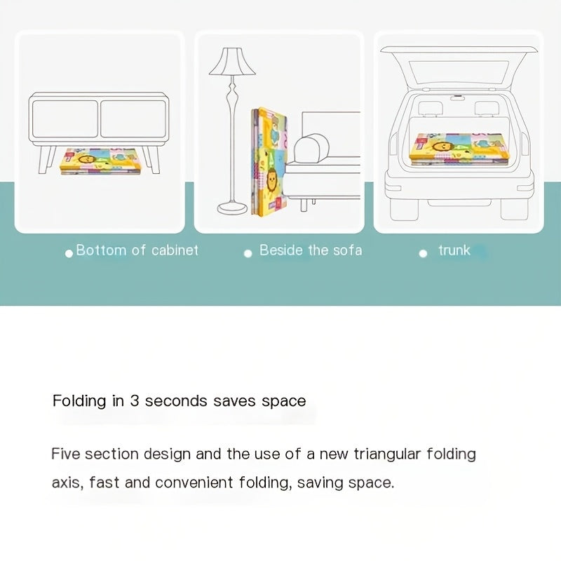 Портативный и складной игровой коврик BabyCare из полиэтилена PE имеет нескользящую поверхность для ползания с дизайном алфавита и животных для использования как в помещении, так и на улице.