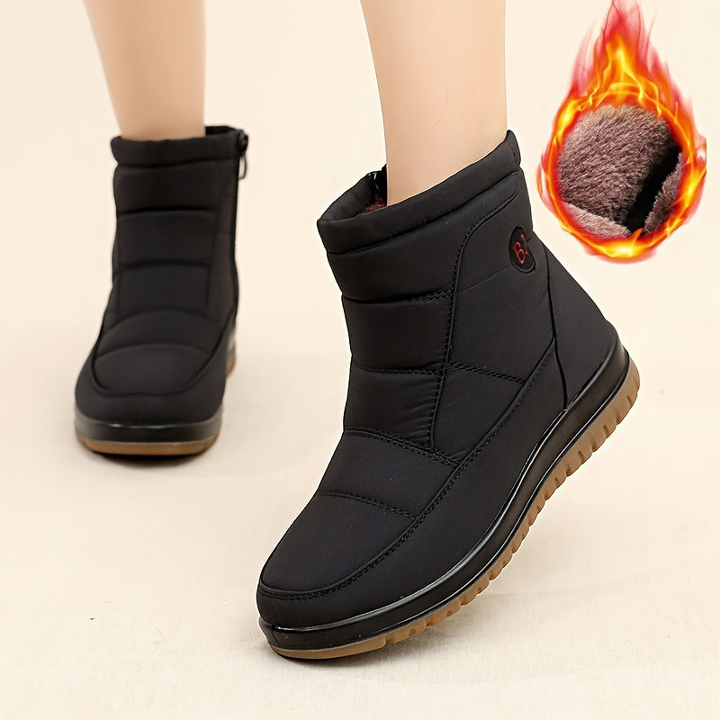 Women's Fleece-Lined Winter Boots - Black Slip-Resistant PU Sole Outdoor