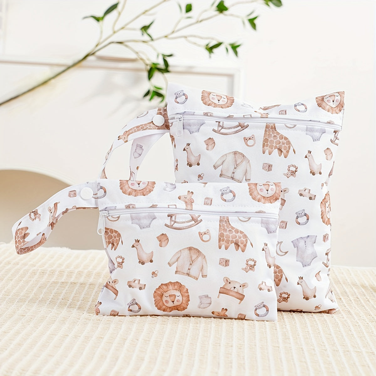 Набор из 2 милых сумок для подгузников с принтом животных с ручками и молниями - водонепроницаемые, удобное хранение для детских принадлежностей
