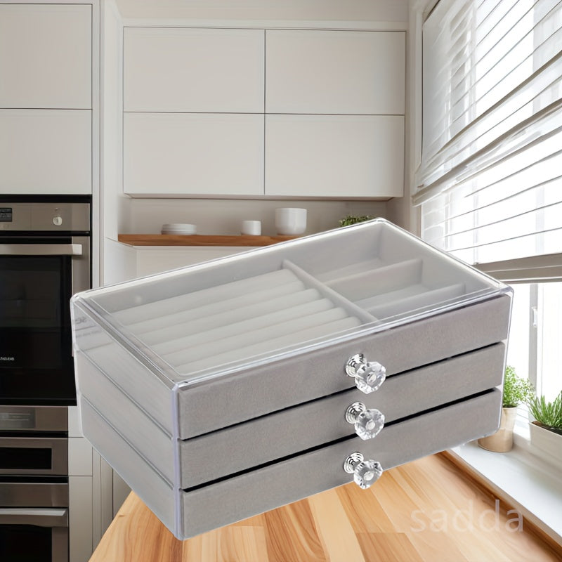 Acrylic Jewelry Storage Box with 3 Drawers and Crystal Knobs for Earrings Rings Necklaces and Bracelets